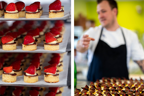 Reception fra Gastronomiet. Fristende små jordbærkager - et hit til receptionen.