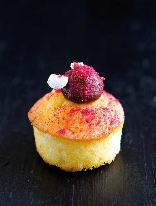 En lille, dekorativ cupcake toppet med en rød bær og pulver på en sort baggrund.