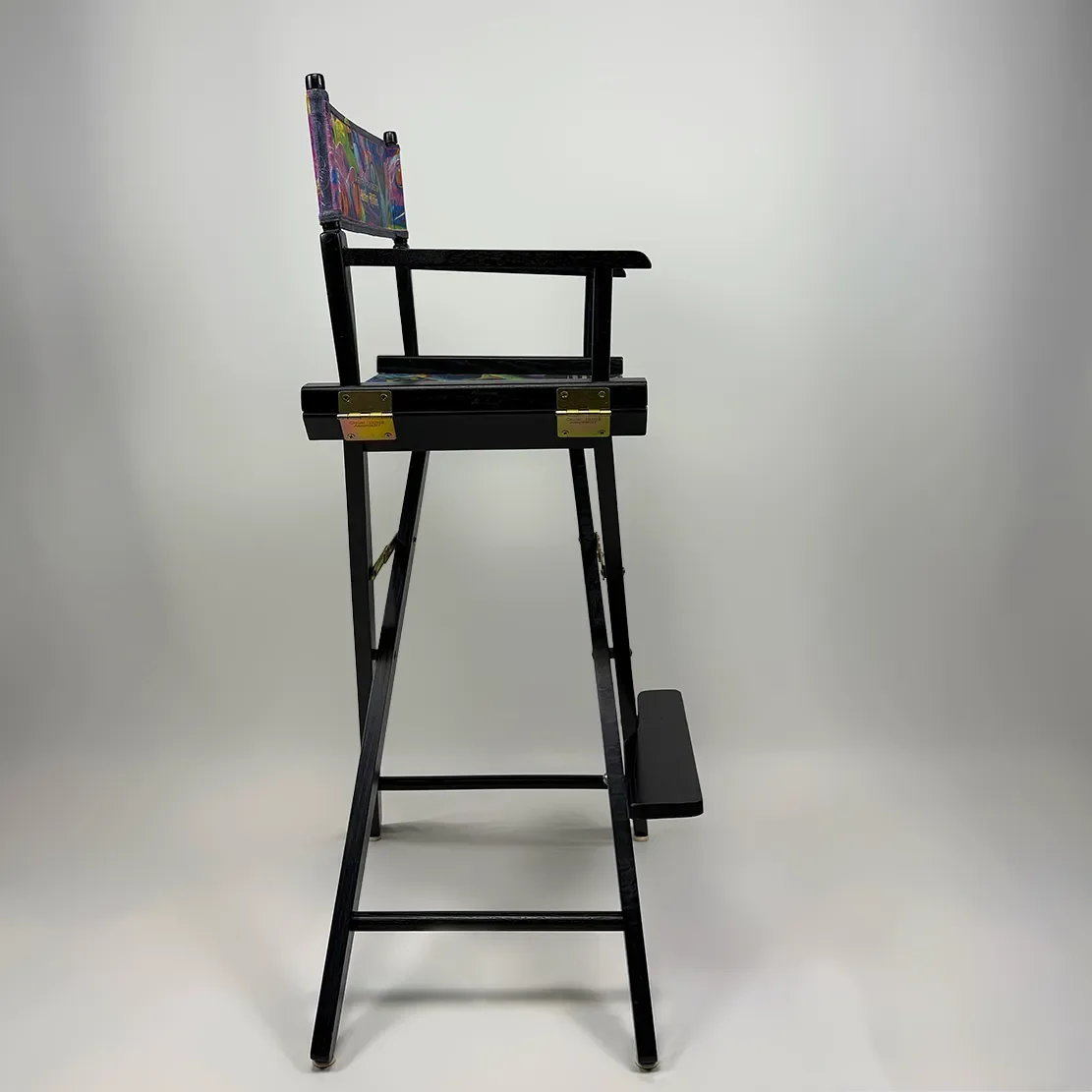A tall black step ladder with a small, colorful artist's chair attached at the top, set against a plain white background.