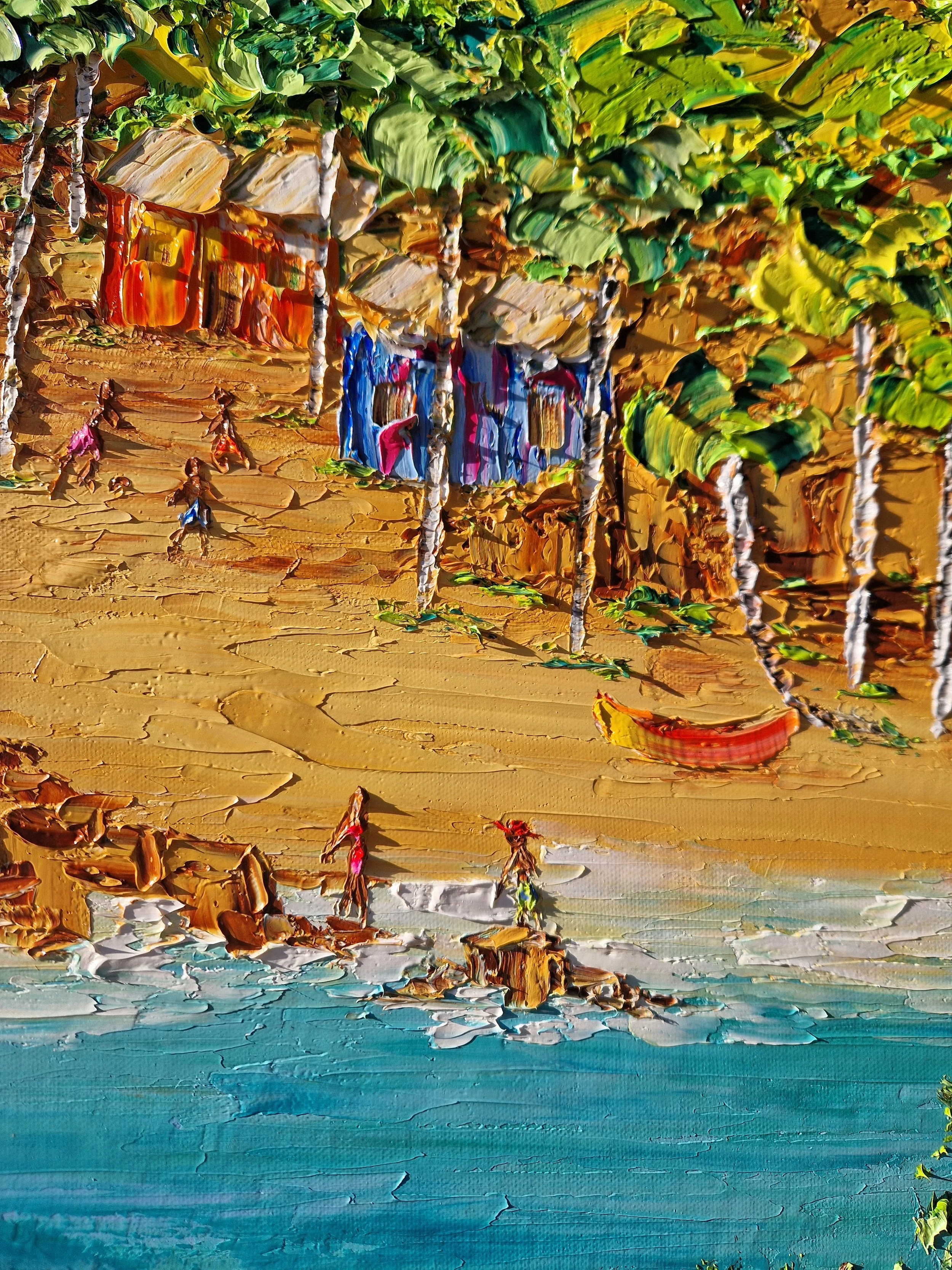Paraíso Secreto – detail of colourful beach huts, figures and shoreline, oil on canvas palette knife painting