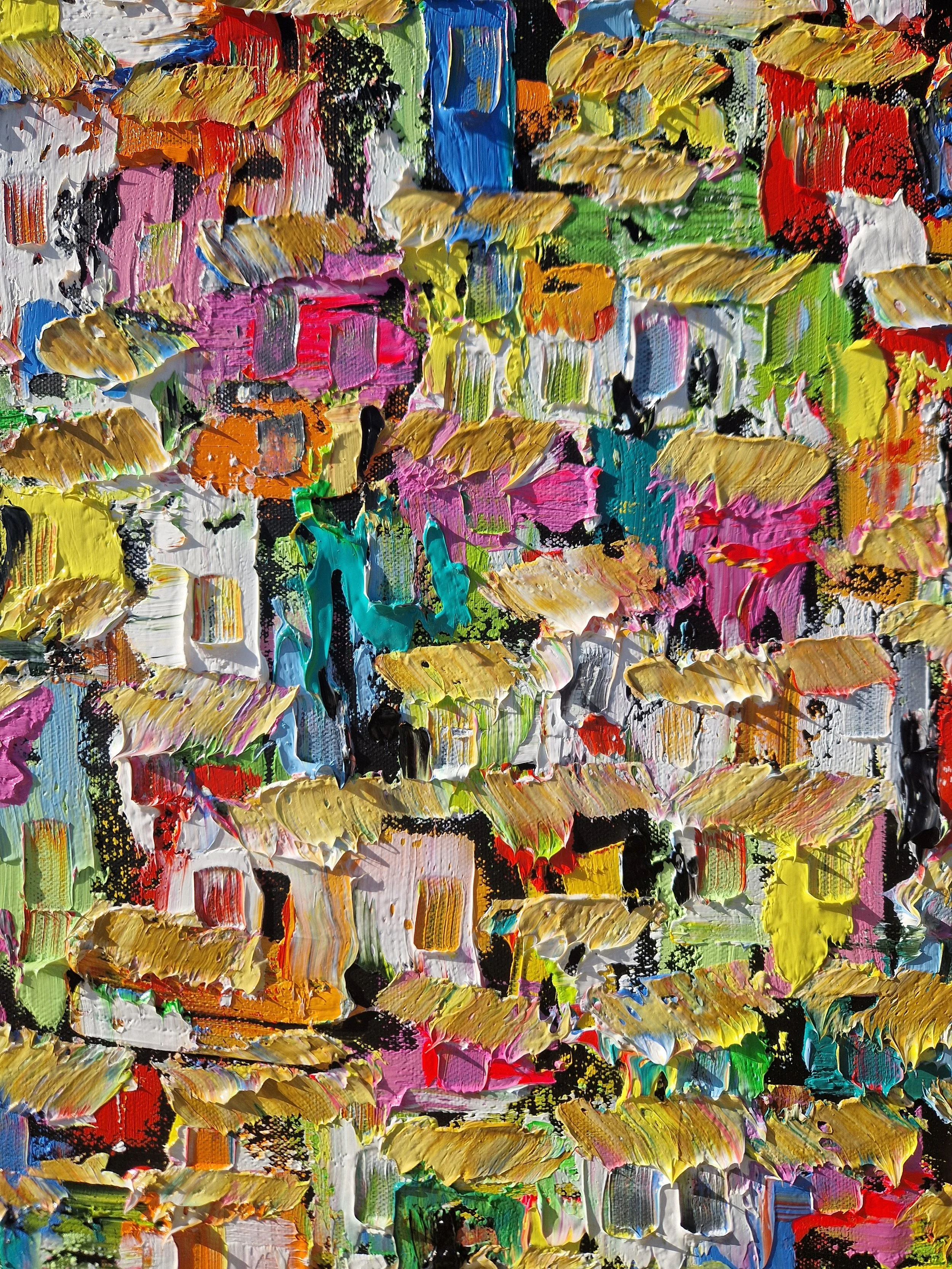 Detail of Por Entre as Vielas, a Brazilian favela painting by Christine Drummond, featuring colourful houses, narrow passages and expressive palette-knife strokes in pink, turquoise and gold.