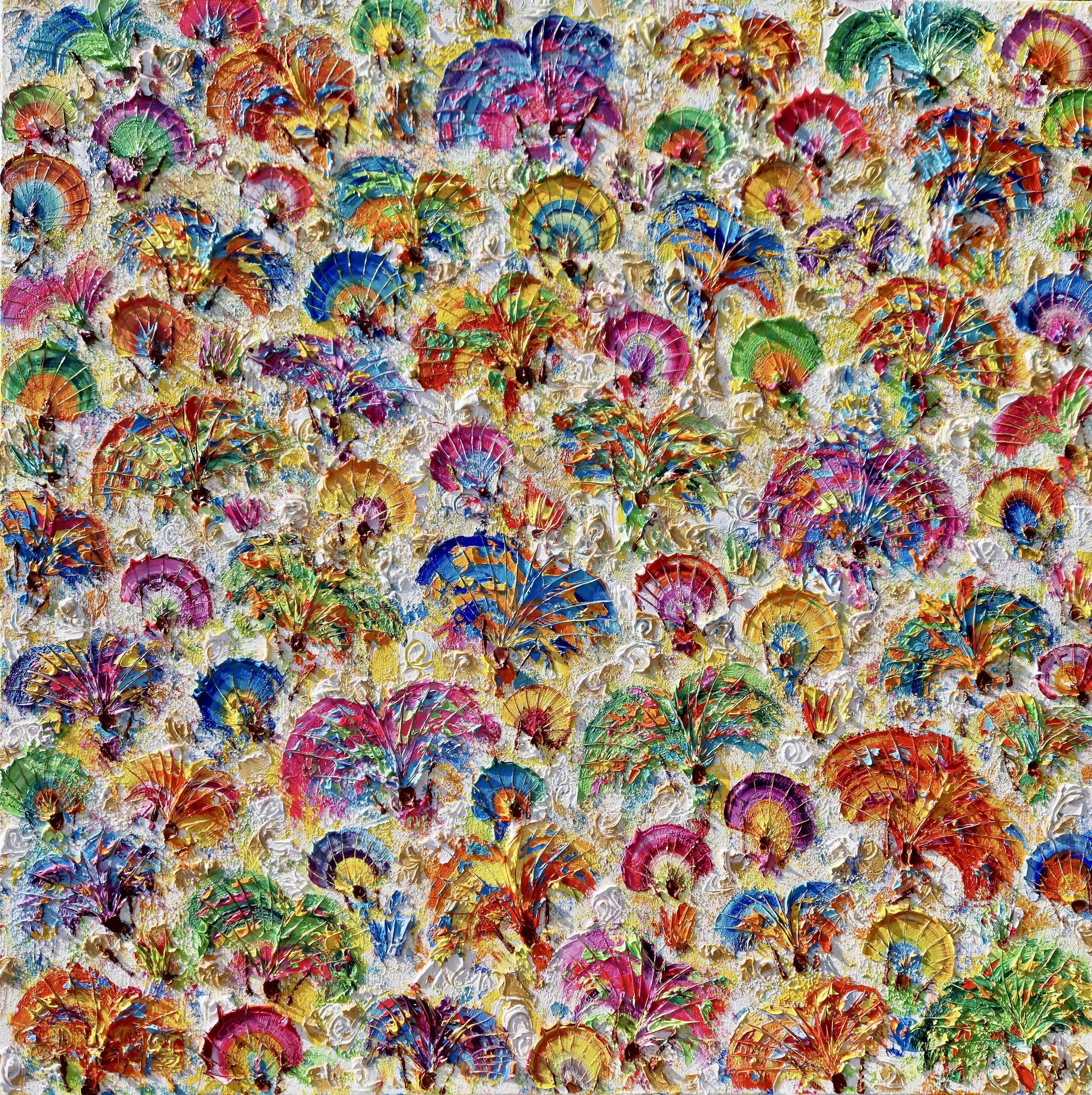 Abstract Brazilian carnival feathers and costumes in vibrant tropical colors, original oil painting Plumas em Festa expressing joy and movement by Christine Drummond