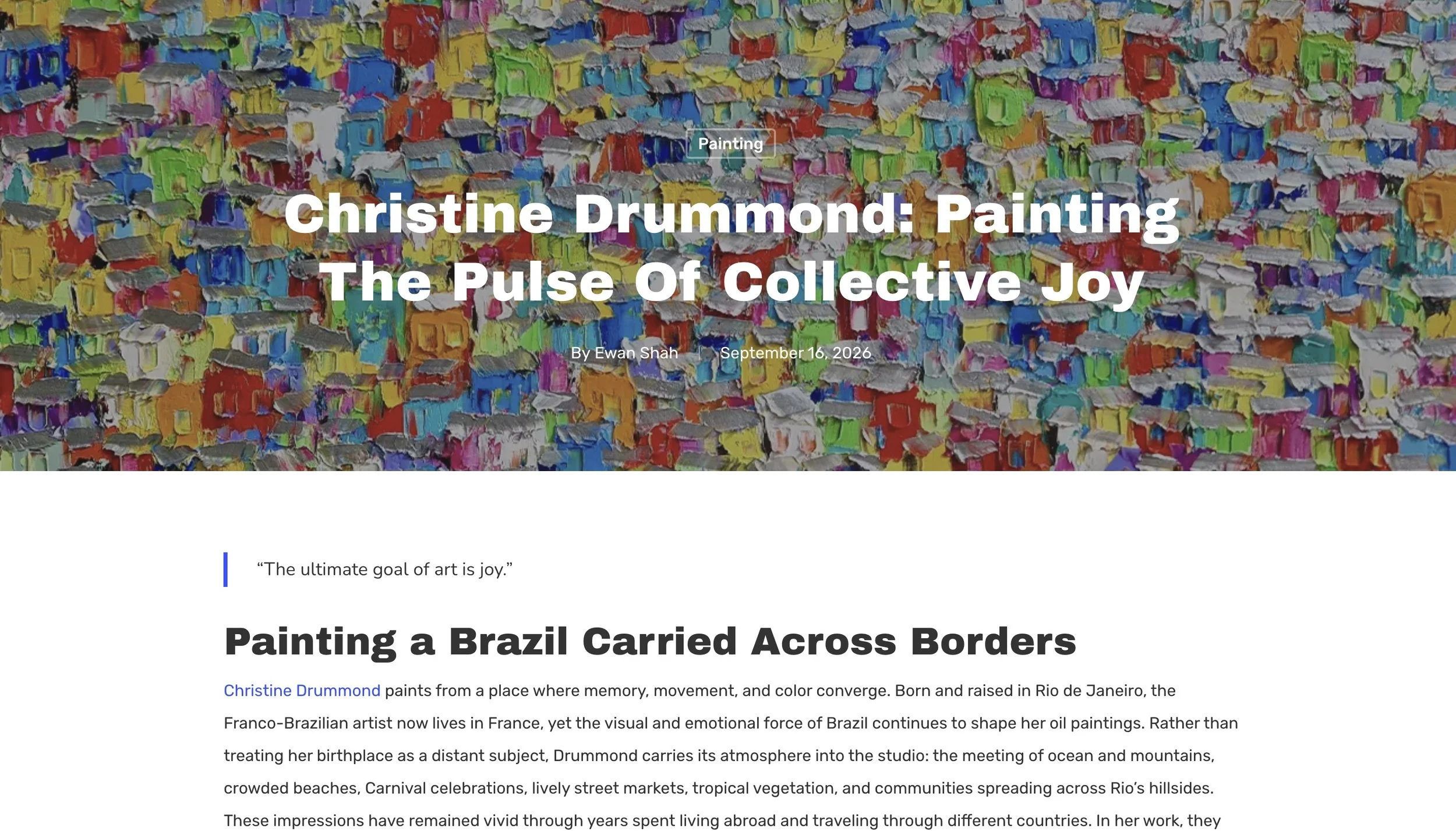 AATONAU article about Brazilian artist Christine Drummond, featuring a vibrant detail from her colorful favela paintings created with a palette knife.