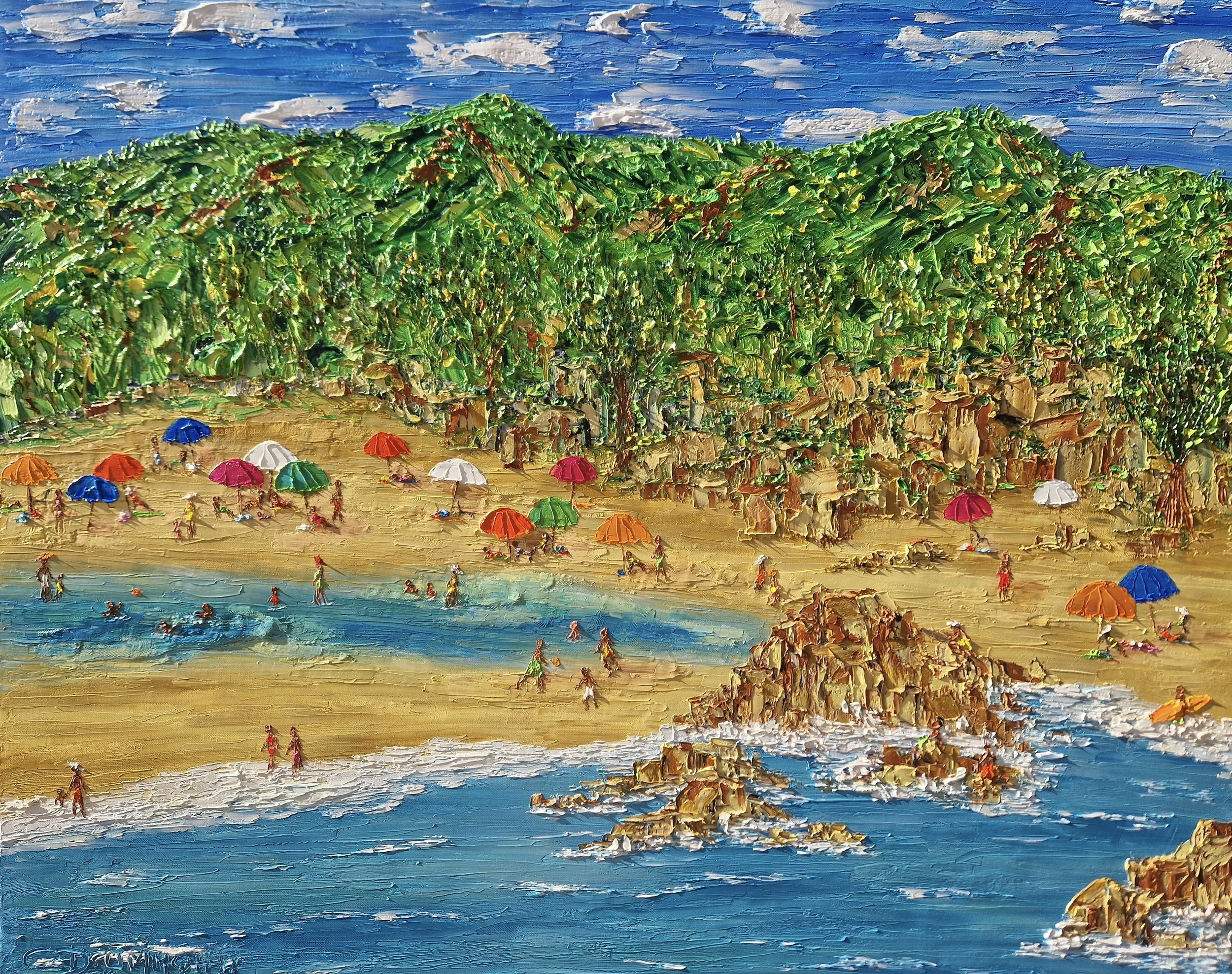 Partiu Grumari! by Christine Drummond, colorful palette knife painting of Grumari Beach in Rio de Janeiro with umbrellas, swimmers, rocks and lush tropical vegetation