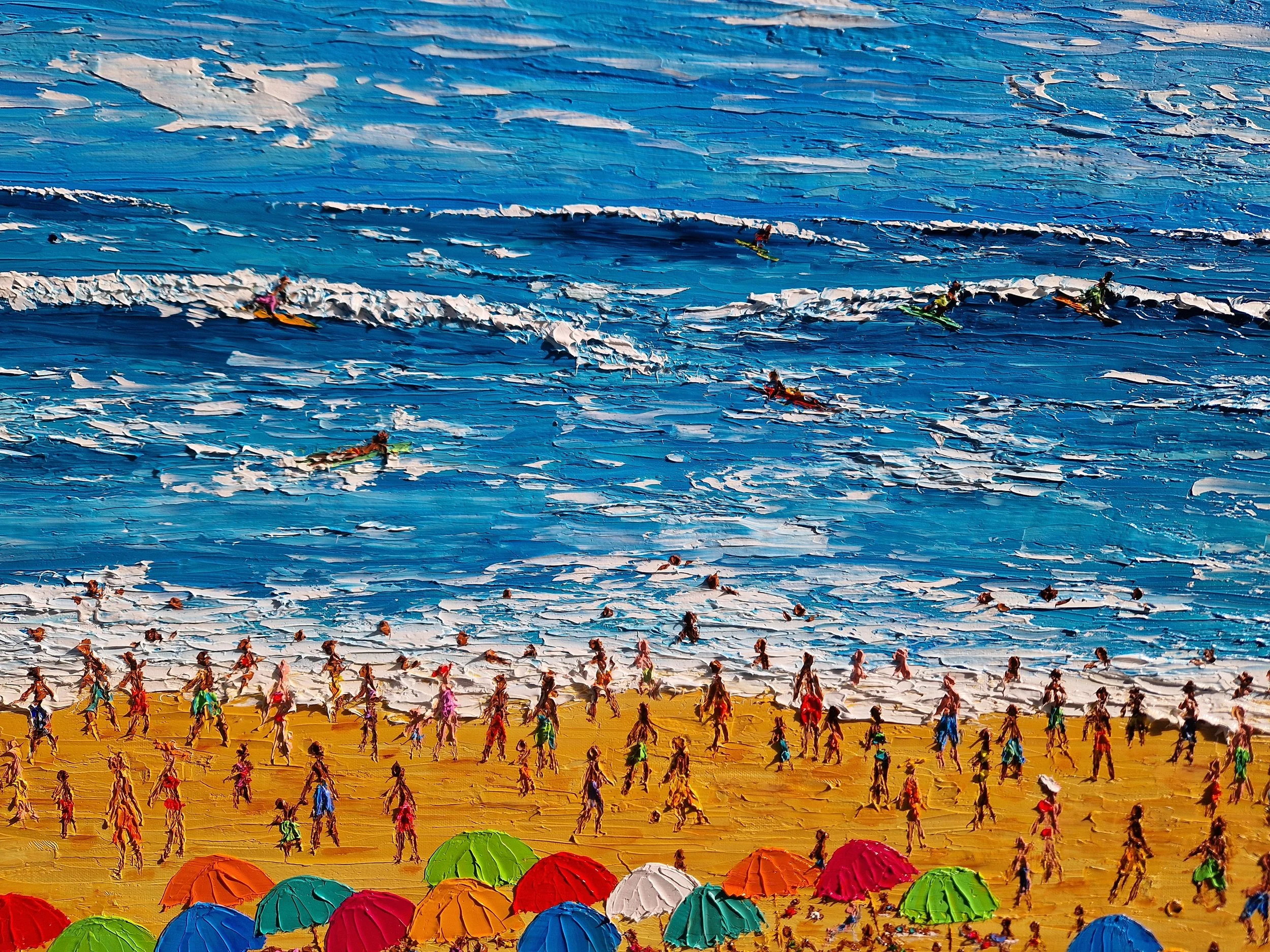 Detail of Energia Carioca by Christine Drummond featuring surfers, beachgoers and expressive palette knife textures along the shoreline of a vibrant Rio beach scene.