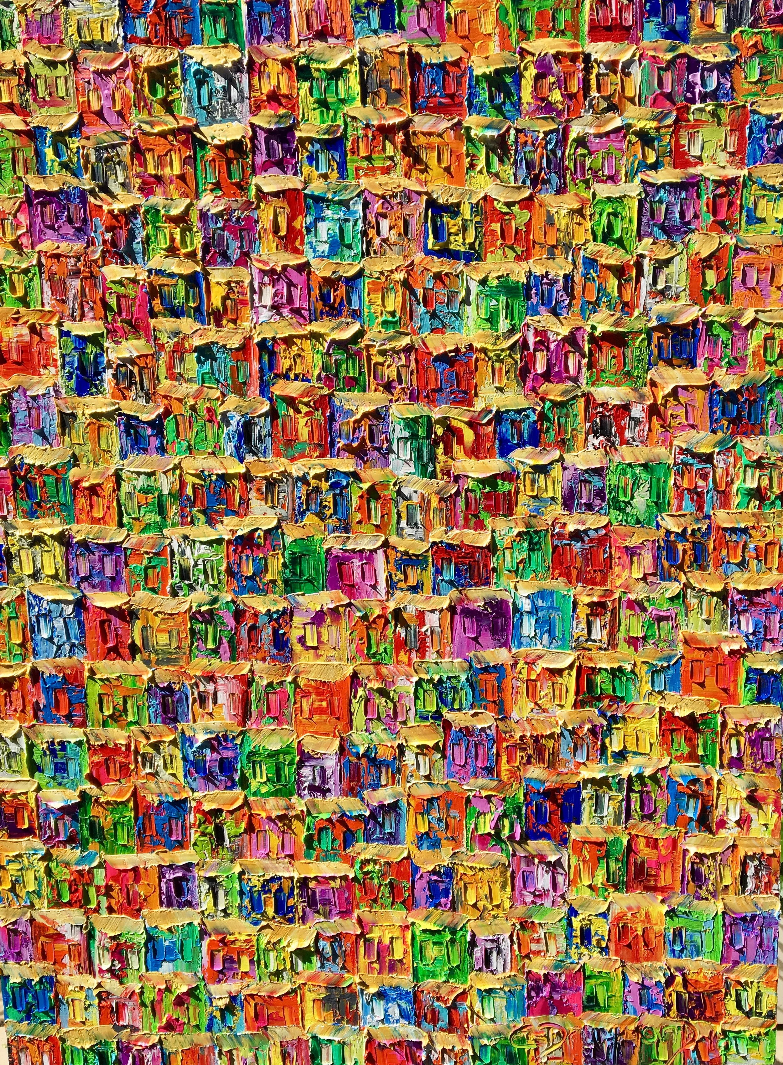 A colorful abstract painting with rectangular shapes in various bright colors, textured with thick paint and gold accents, creating a vibrant mosaic pattern.