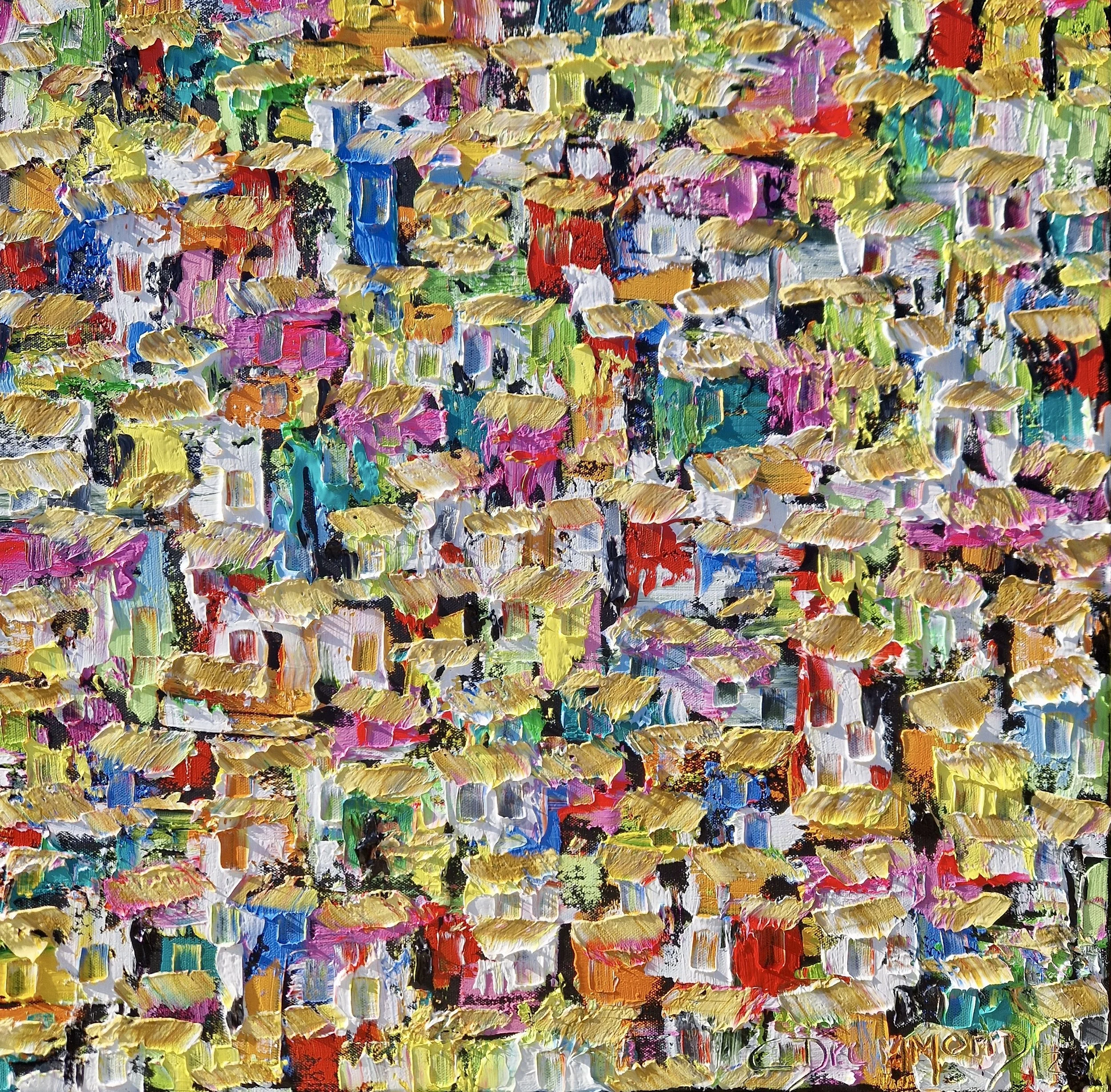 Por Entre as Vielas, colourful Brazilian favela painting by Christine Drummond, featuring densely packed houses, winding passages and golden rooftops in expressive palette-knife oils, 60 × 60 cm (24 × 24 in).