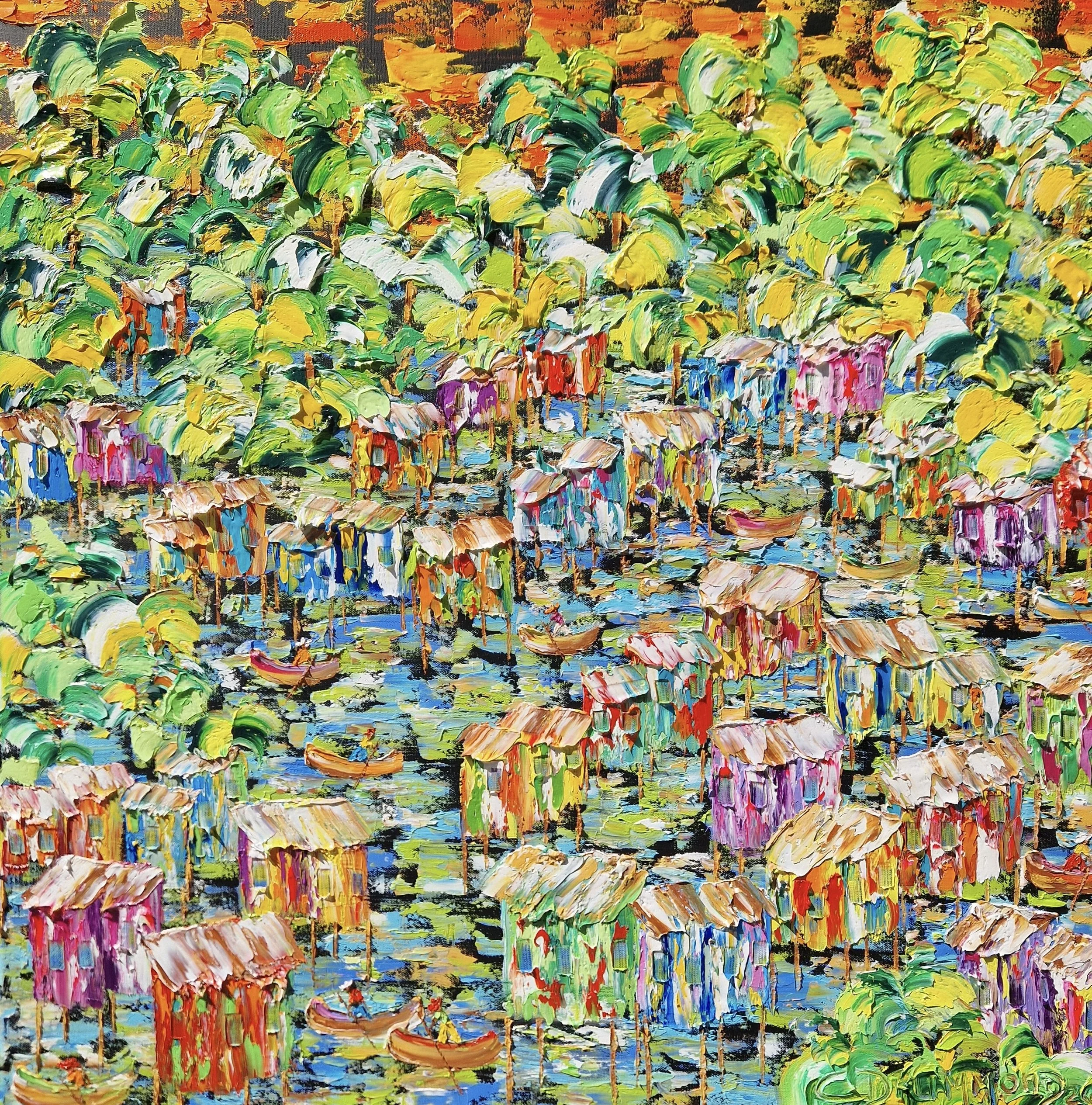 Colorful Pantanal painting Alegria no Pantanal by Christine Drummond celebrating nature, water and joyful tropical life