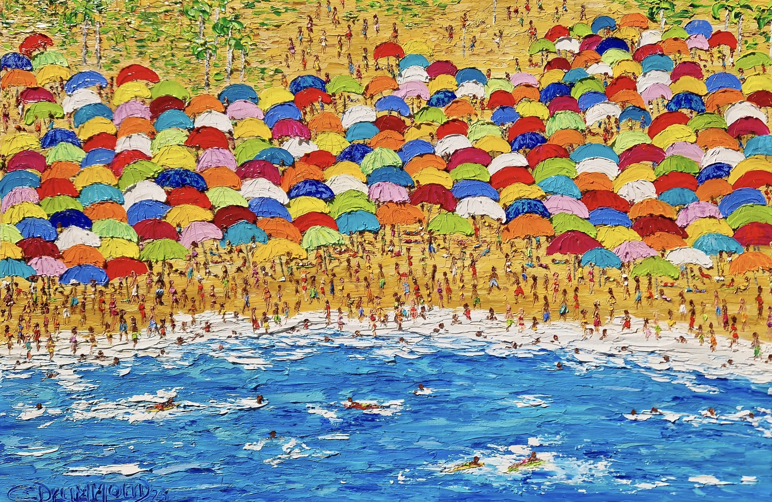 Colorful beach painting Verão Carioca by Christine Drummond inspired by Rio de Janeiro summer and joyful coastal life