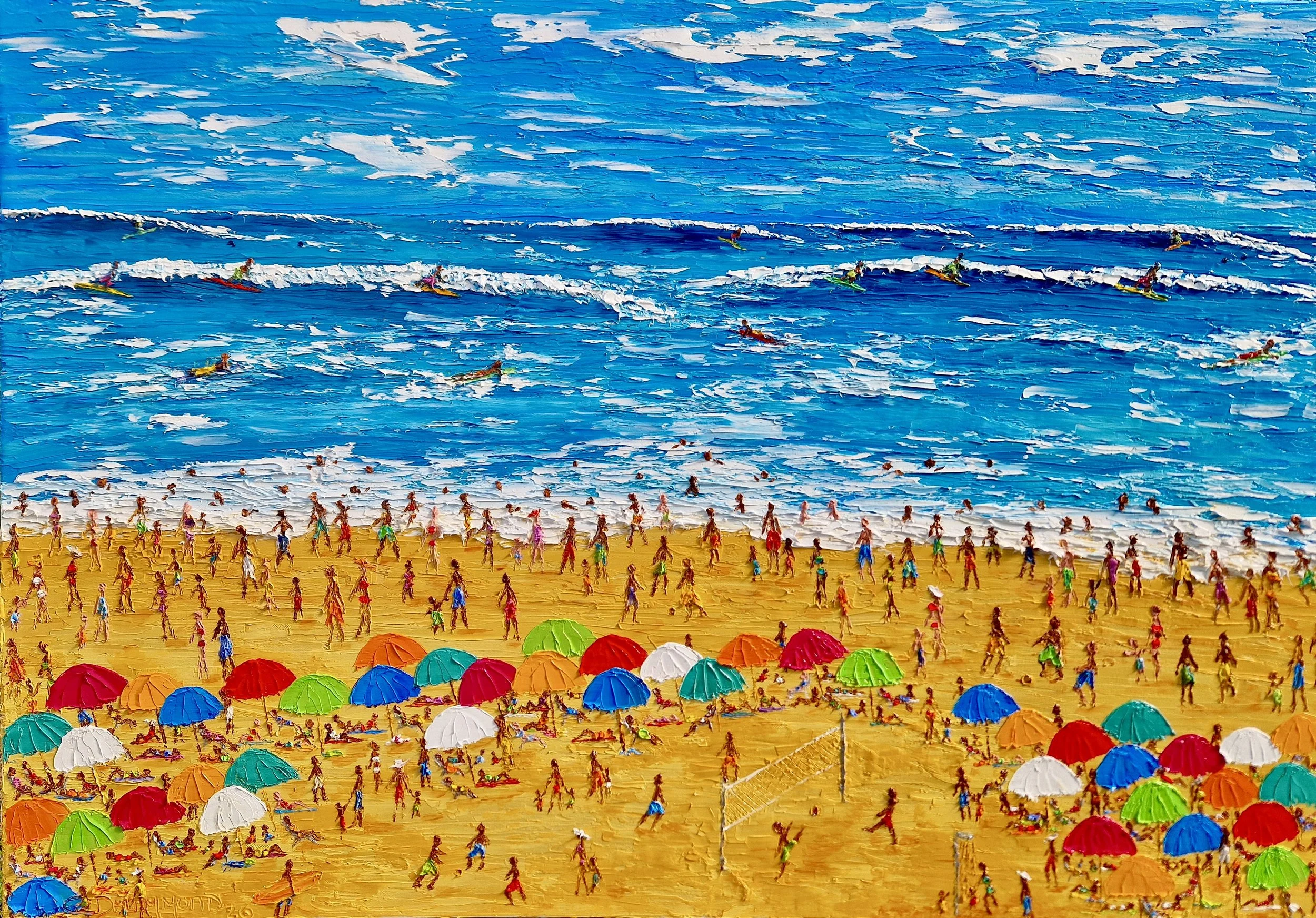 Energia Carioca, contemporary palette knife painting by Christine Drummond depicting a vibrant Rio de Janeiro beach with colourful umbrellas, surfers and people enjoying the sunshine.