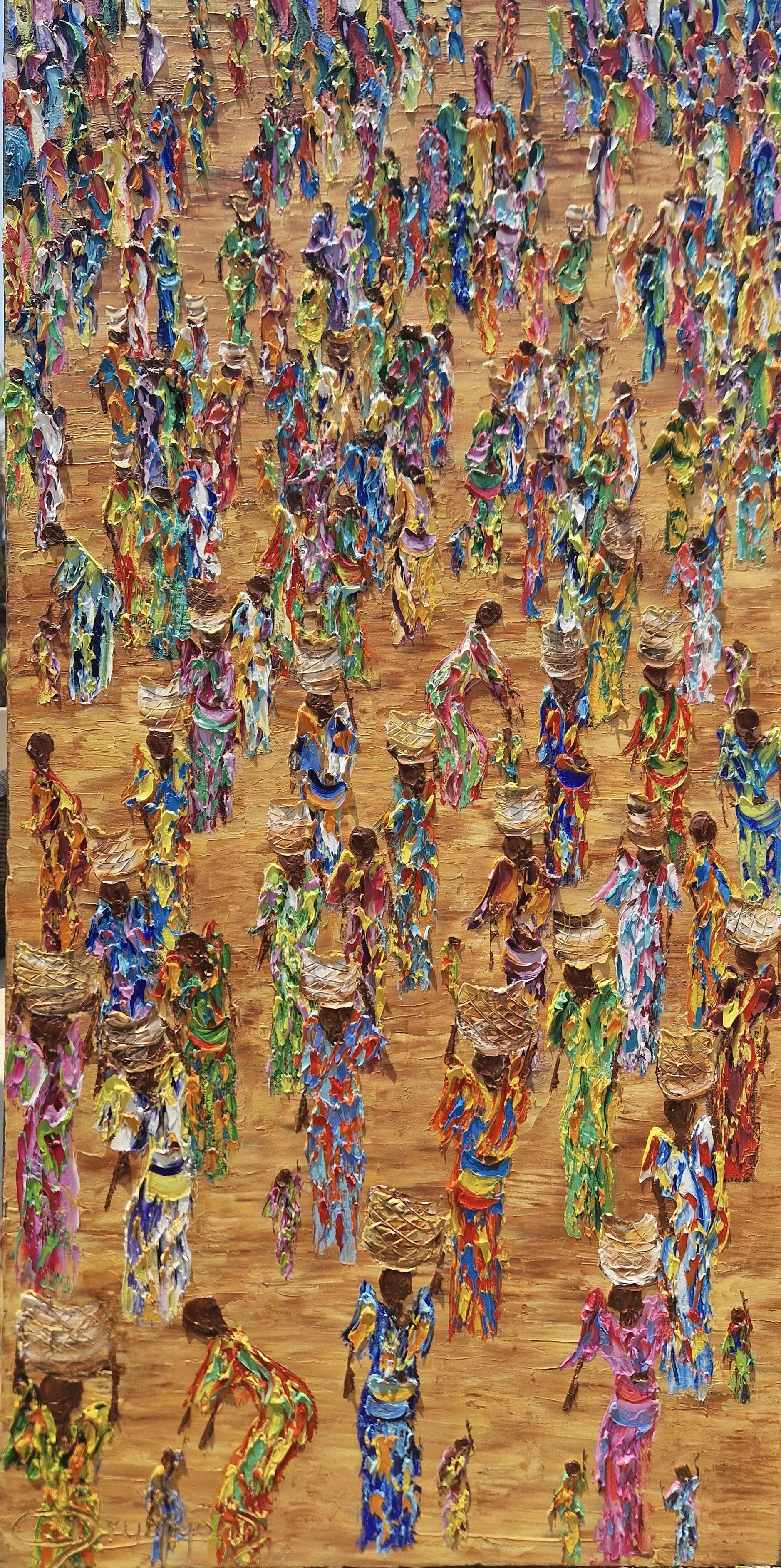 Tropical Flavor by Christine Drummond, contemporary palette knife painting of feminine figures with vibrant colour, movement and tropical energy.
