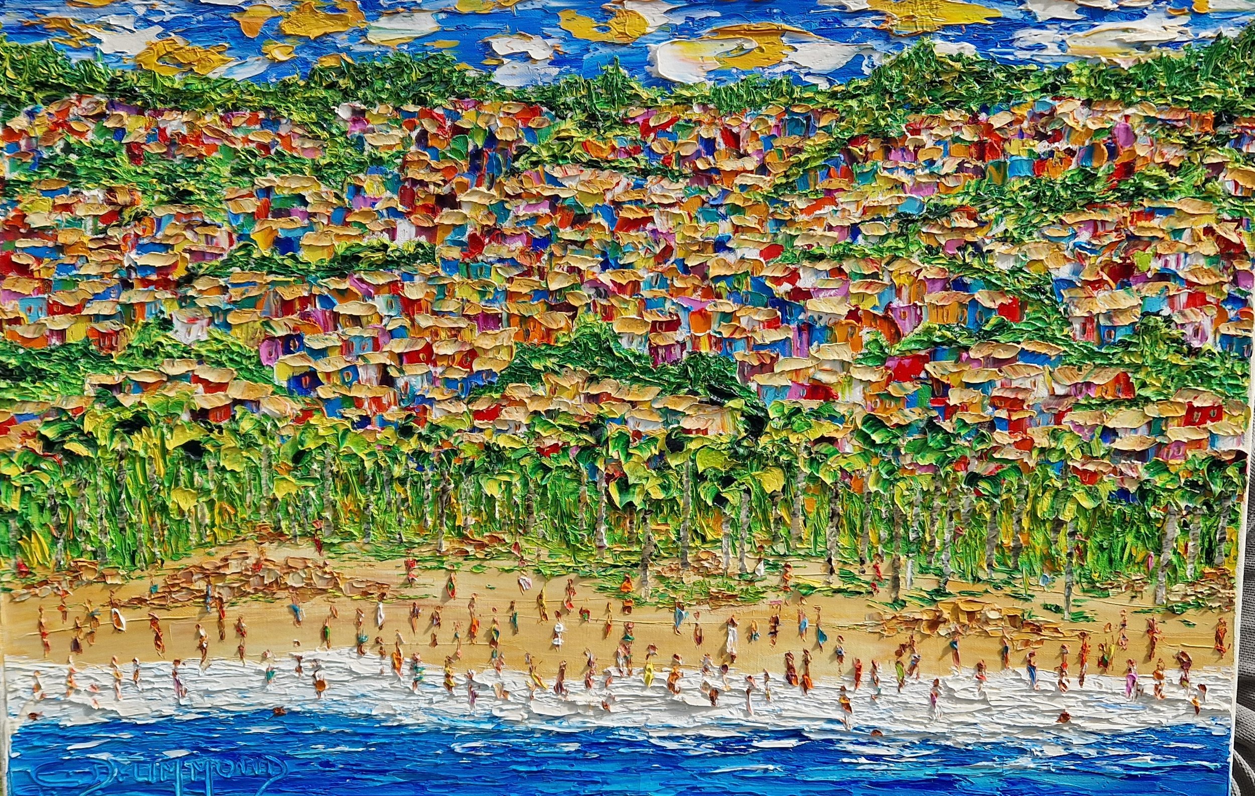 Colorful palette knife oil painting of a Brazilian beach scene with umbrellas and figures, capturing the energy and joy of coastal life.
