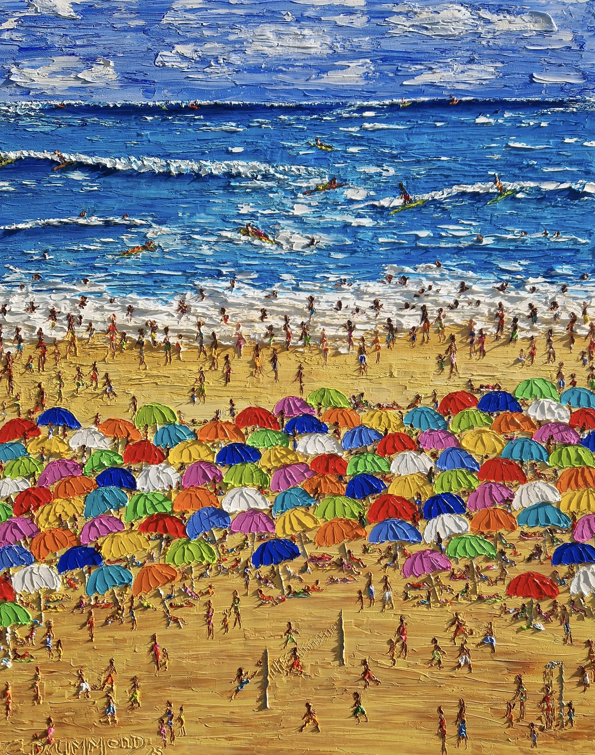 Colorful Brazilian beach umbrellas by the ocean with people enjoying the seaside, vibrant palette knife oil painting full of movement and summer energy