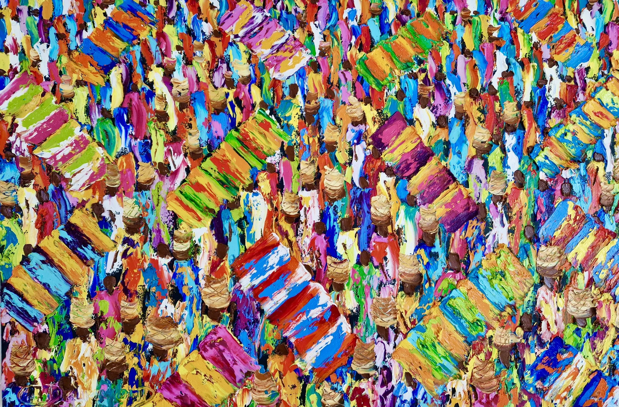 Colorful market buzz scene with vibrant stalls and lively crowd, dynamic palette knife painting by Christine Drummond