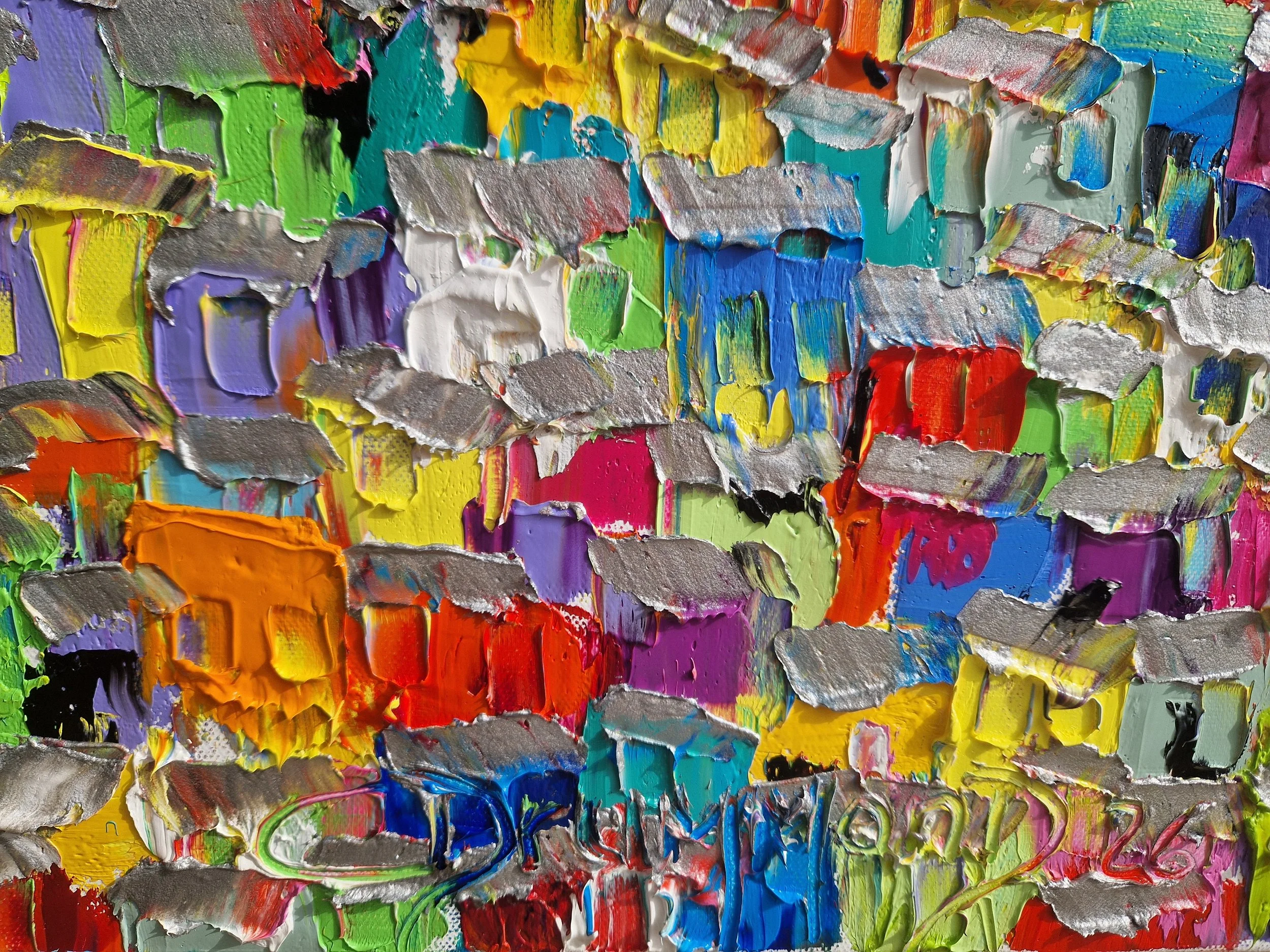 Detail of "Cores e Vidas" highlighting movement, texture and layered colours in favela scene