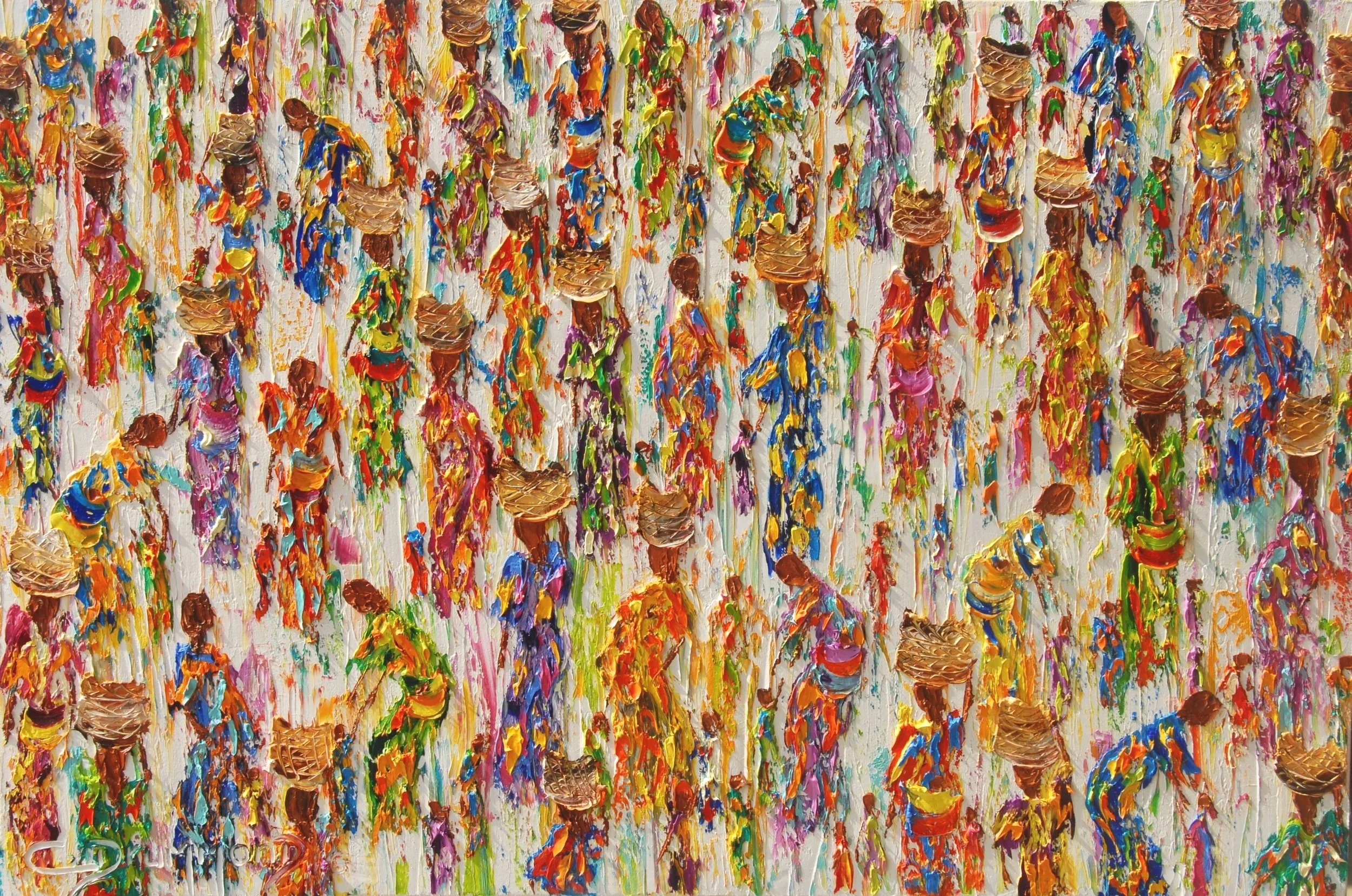 Vibrant palette knife painting of women in motion carrying baskets, expressing feminine energy, rhythm and movement through colour and texture.