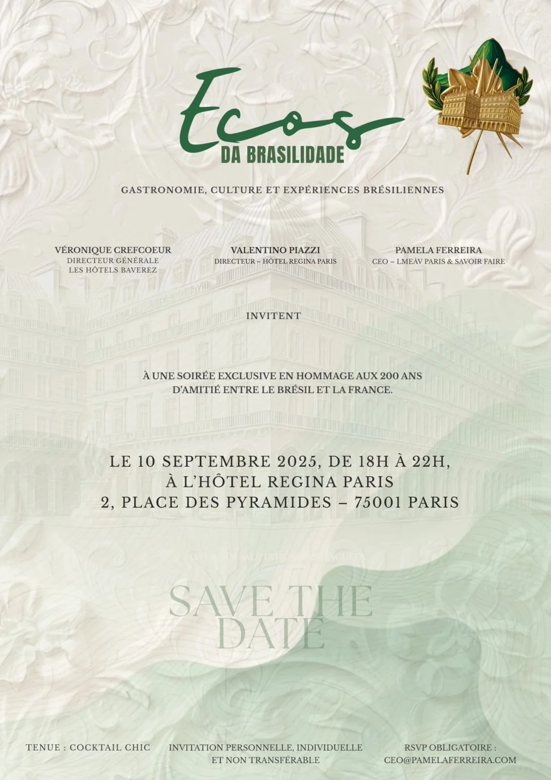 Invitation to Echoes da Brasilidade, a cultural event celebrating 200 years of diplomatic and cultural ties between Brazil and France, held at Hotel Regina Louvre in Paris in September 2025.