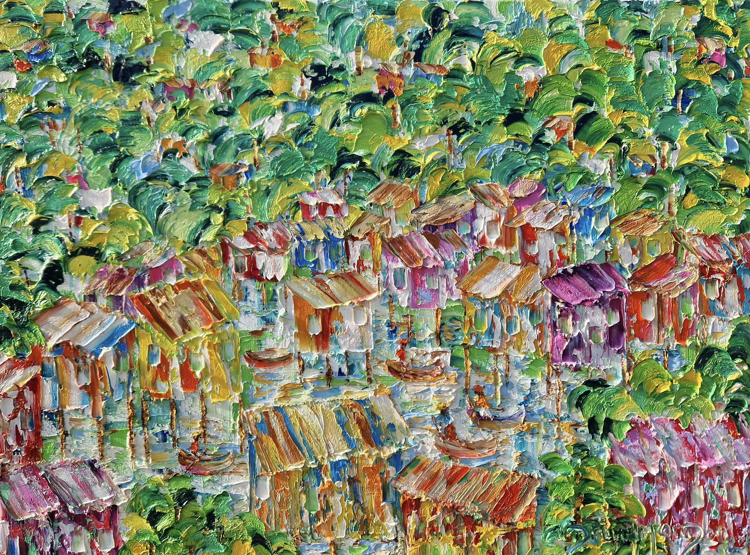 Colorful Pantanal village painting with stilt houses, boats and lush tropical landscape, palette knife artwork by Christine Drummond