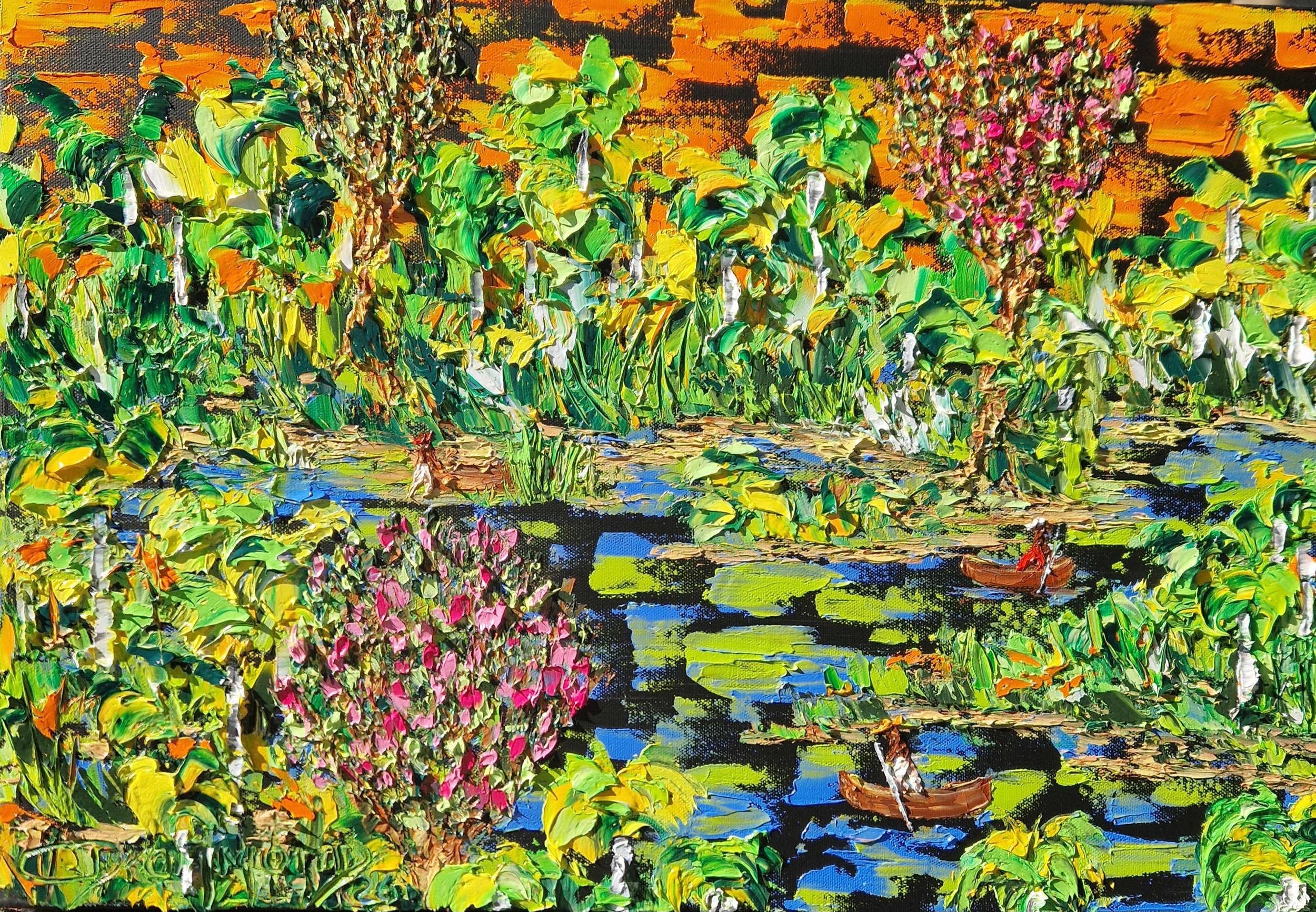 Encantos da Natureza, colourful Pantanal oil painting by Christine Drummond, depicting lush tropical vegetation, water, boats and wildlife.