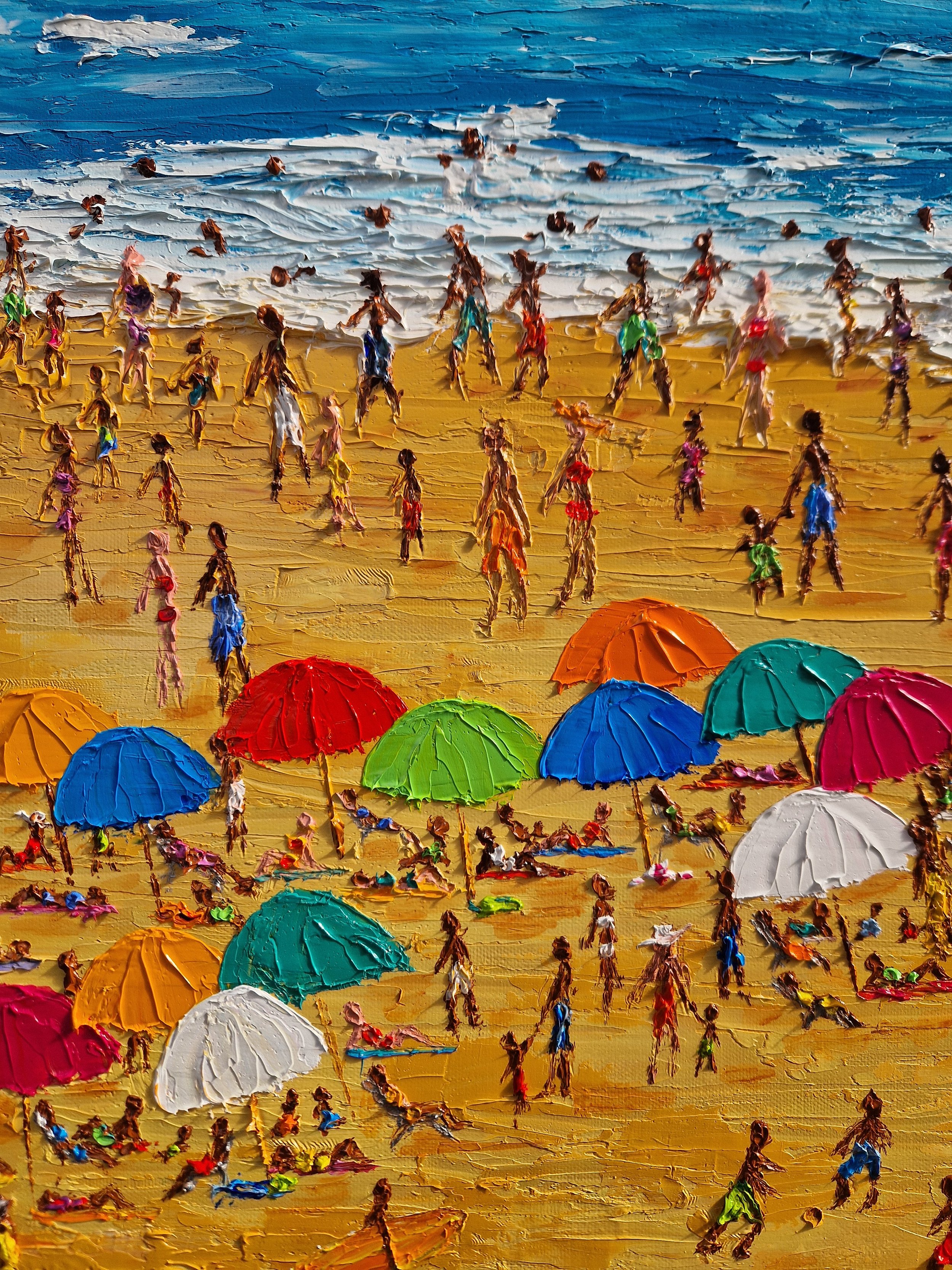 Close-up detail of Energia Carioca by Christine Drummond featuring colourful beach umbrellas, beachgoers and rich palette knife textures inspired by Rio de Janeiro.