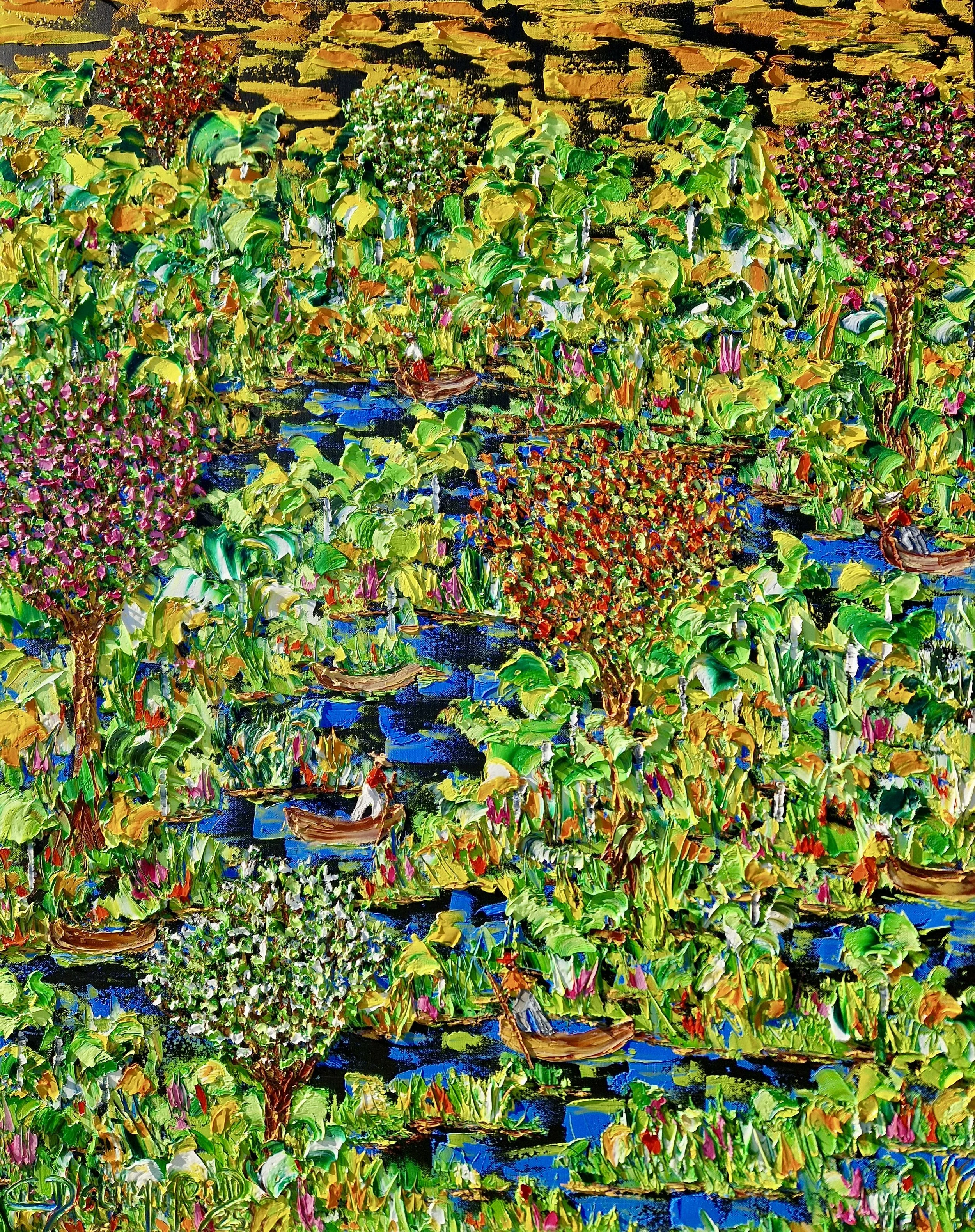 Vibrant Pantanal painting with tropical vegetation, waterways and small boats, rich palette knife texture by Christine Drummond