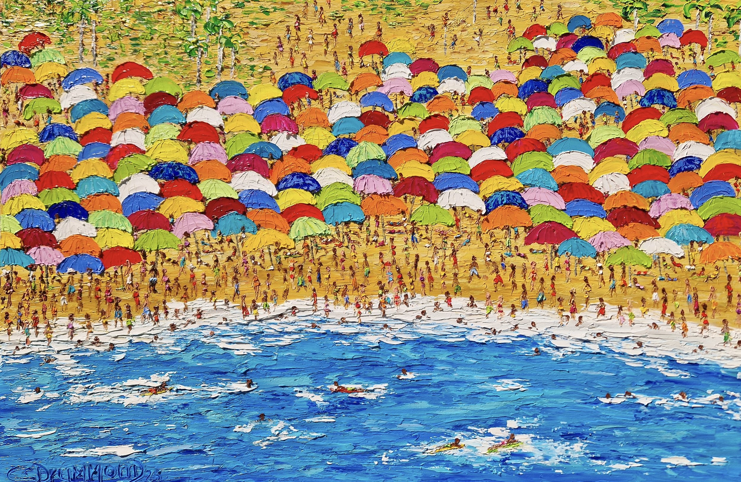 Verão Carioca by Christine Drummond, colourful Rio beach painting with umbrellas, ocean waves and joyful summer atmosphere.