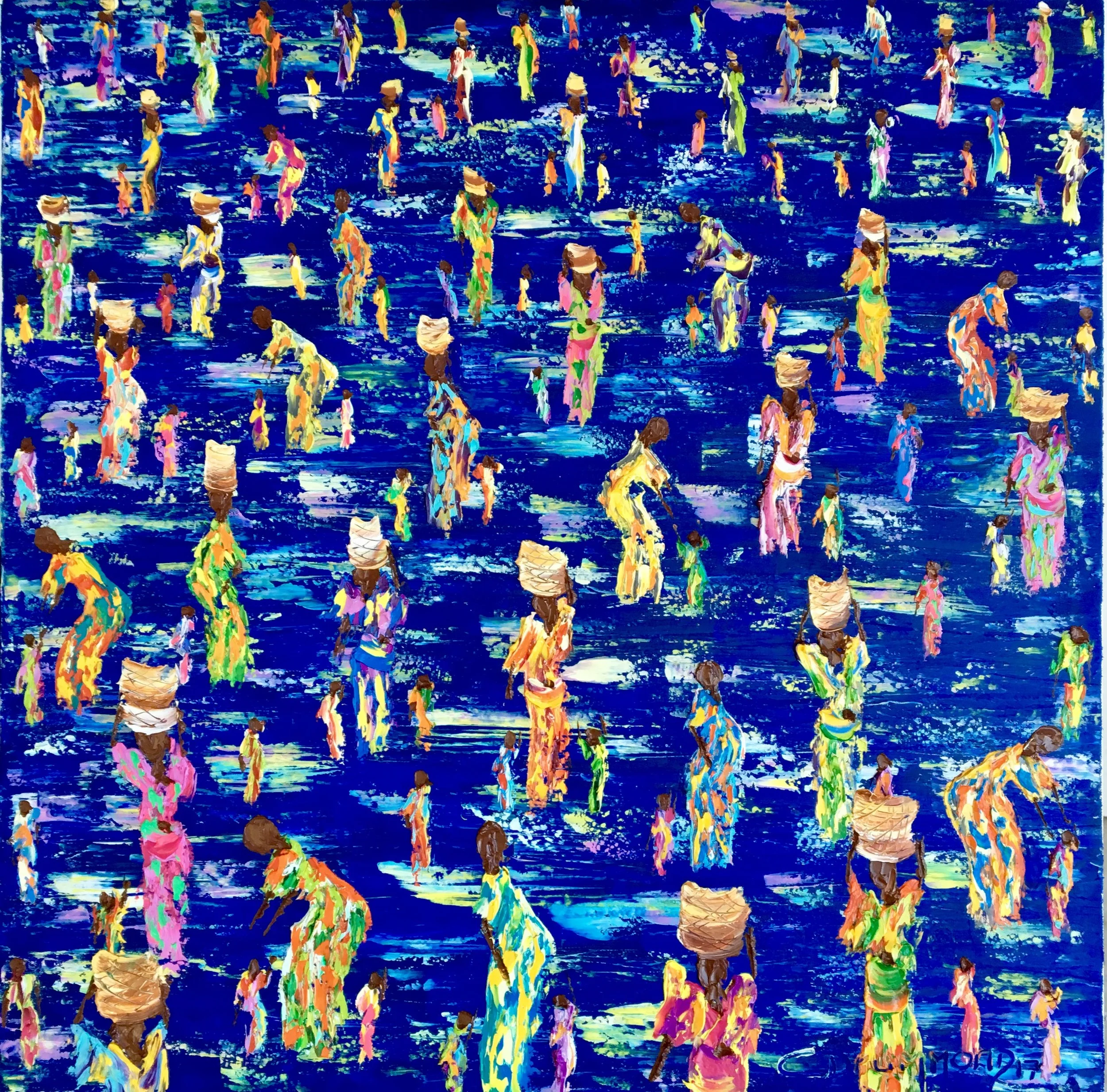 Expressive palette knife painting of women moving through deep blue water at night, celebrating rhythm, light and feminine energy.