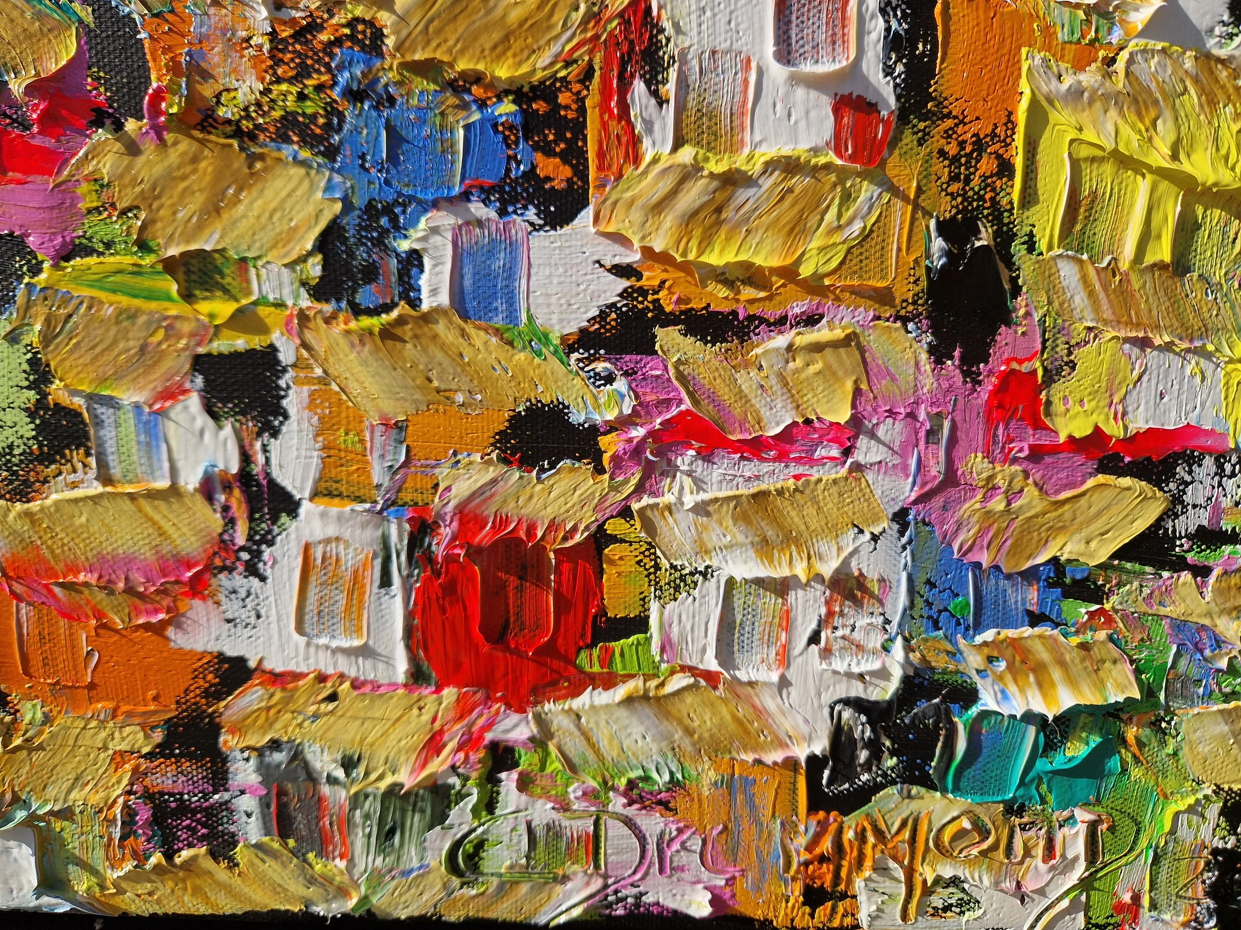 Close-up of Por Entre as Vielas, a colourful Brazilian favela painting by Christine Drummond, showing thick palette-knife textures, golden rooftops and vibrant houses.
