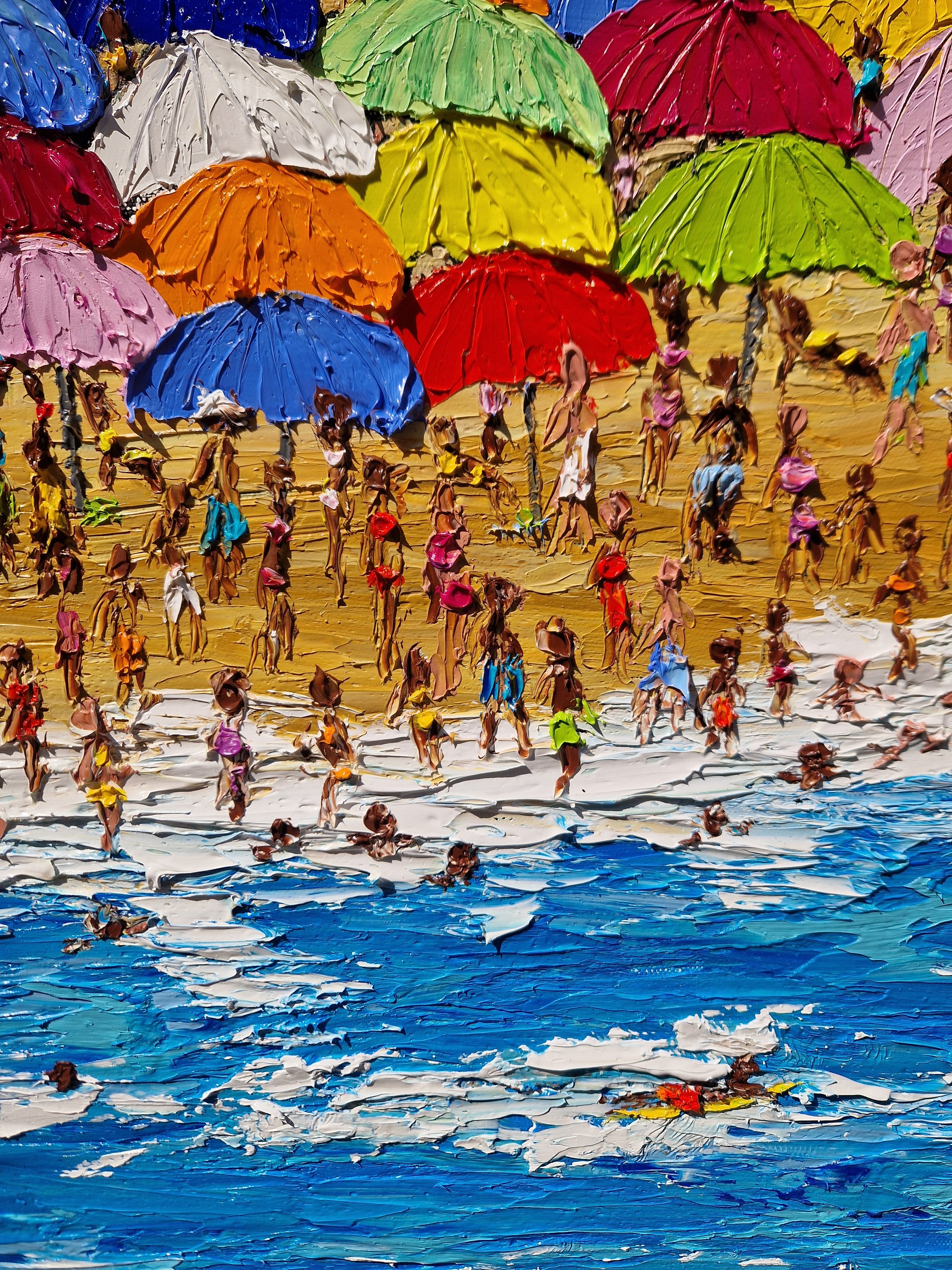 Detail of Verão Carioca showing colourful beach umbrellas and Christine Drummond's palette-knife technique.