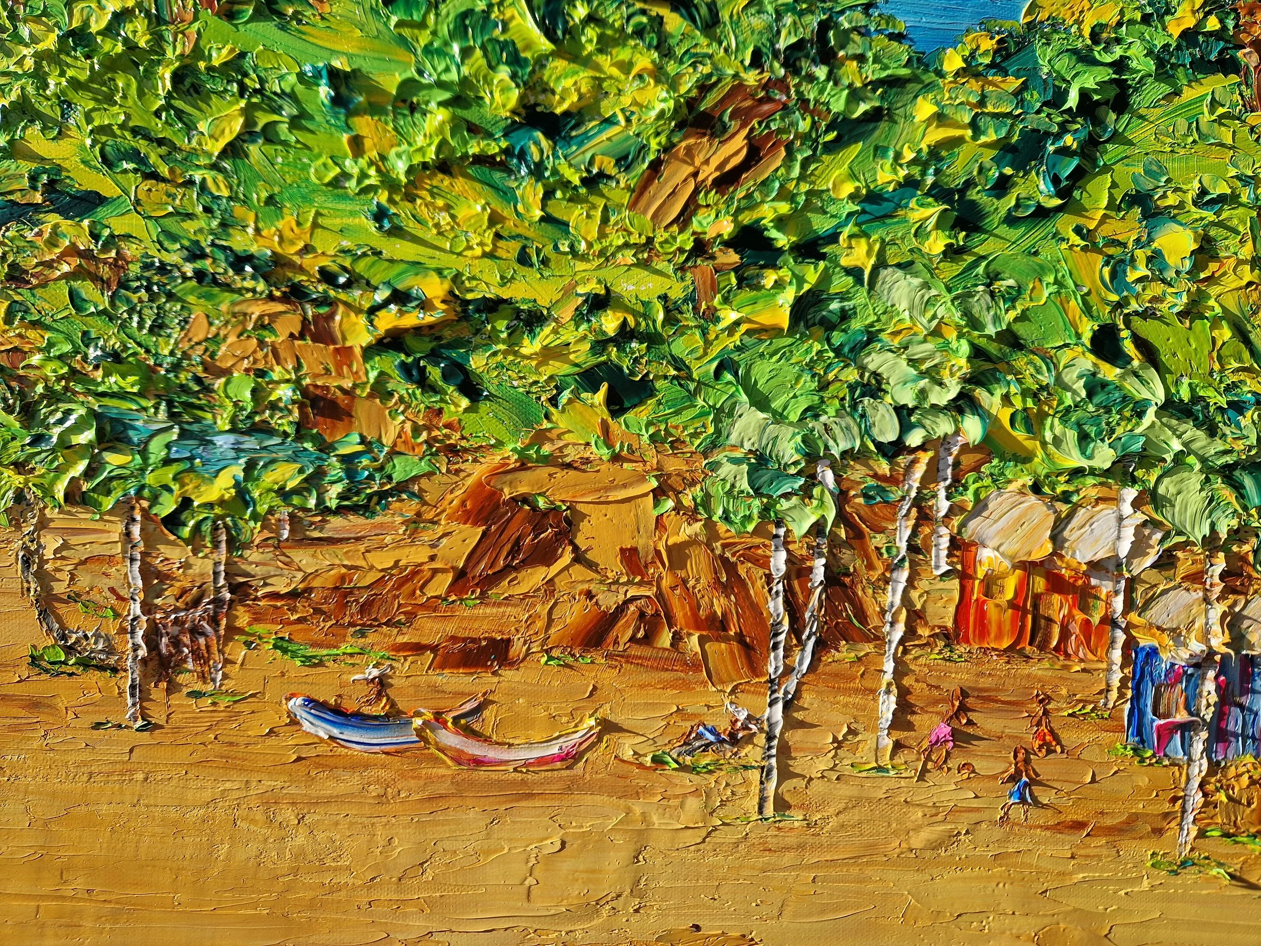 Paraíso Secreto – detail of colourful boats, tropical foliage and hidden beach inspired by Ilha Grande, Brazil