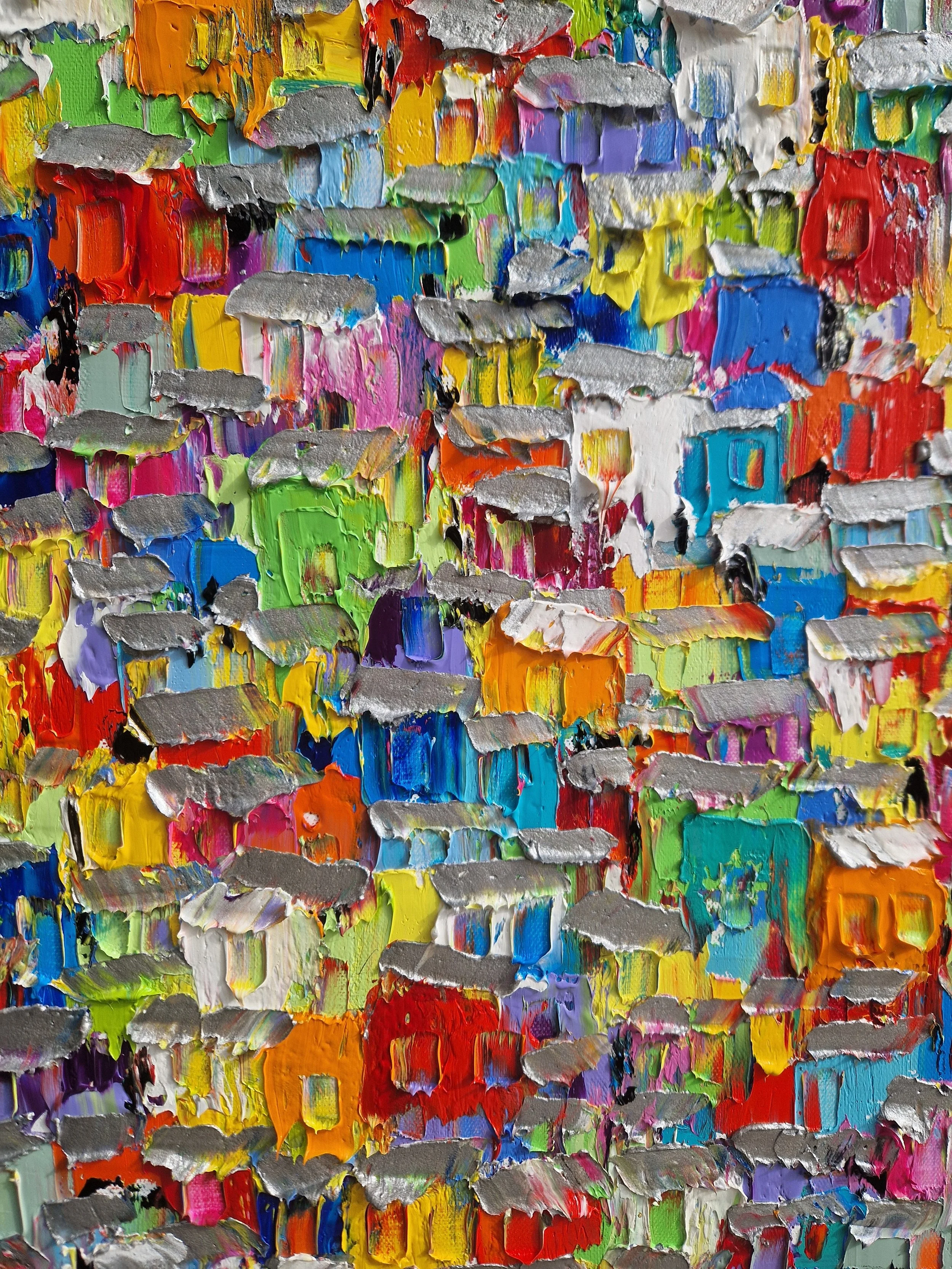Close-up detail of colorful favela painting "Cores e Vidas" showing palette knife texture and vibrant colours