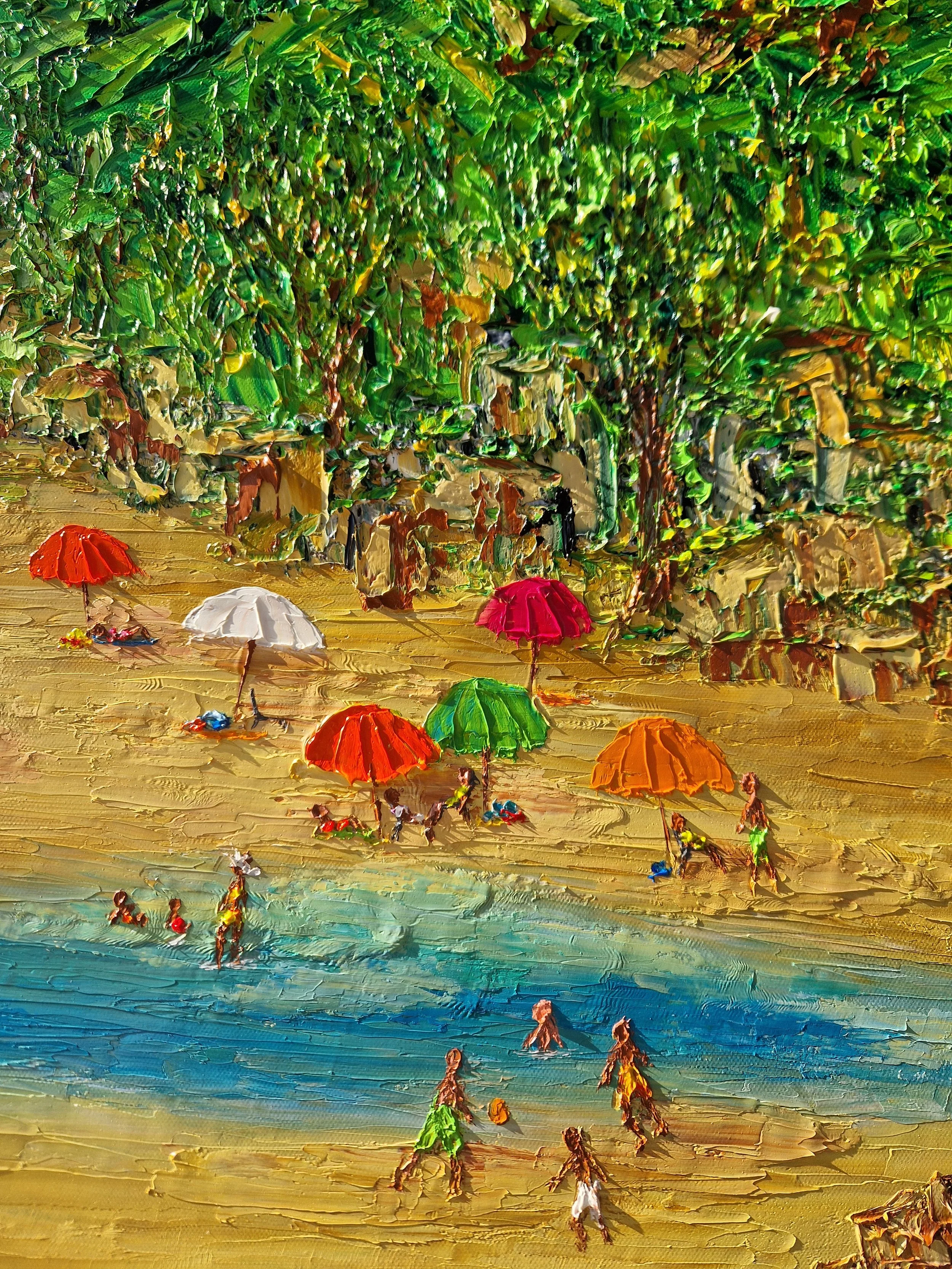 Detail of Partiu Grumari! by Christine Drummond, showing colorful umbrellas, beachgoers and swimmers around the natural pool, framed by the lush vegetation of Grumari Beach.