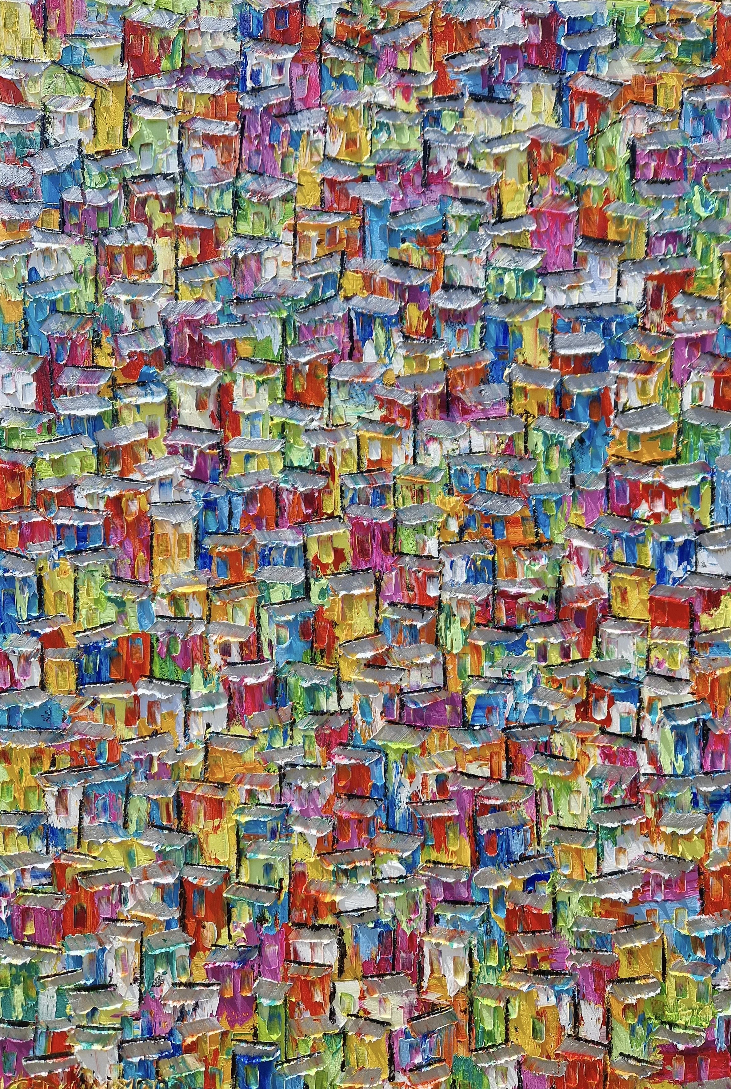 Artsy Township by Christine Drummond, colourful favela palette knife painting inspired by Rio de Janeiro