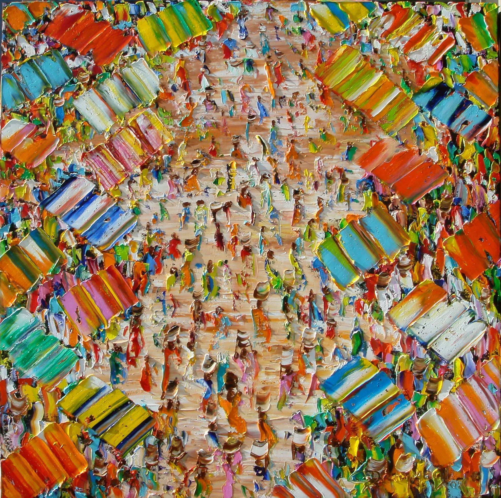 Colorful zig zag market scene with vibrant stalls and lively crowd, palette knife painting by Christine Drummond