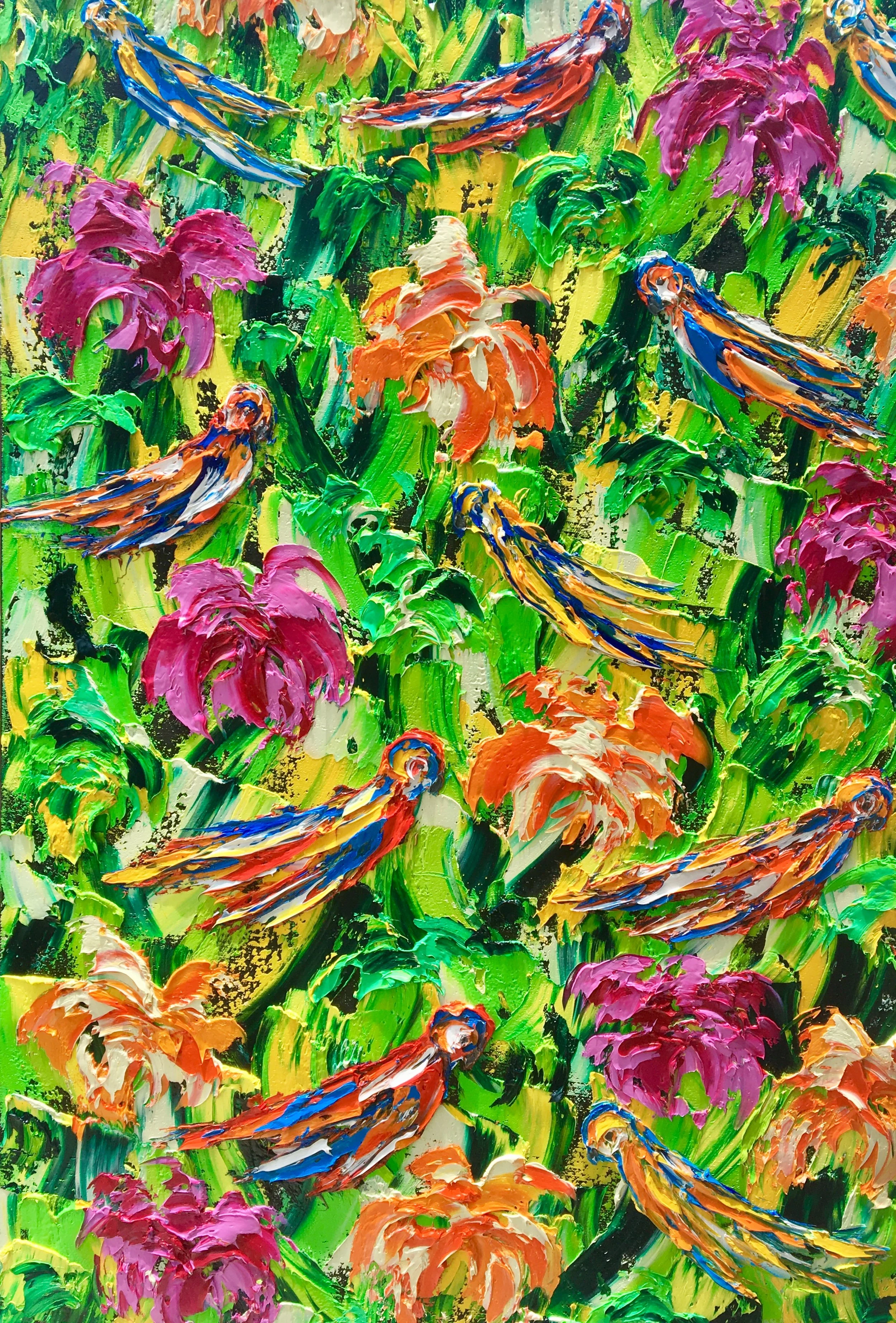 Colorful Pantanal painting with tropical birds and vibrant flowers, expressive palette knife texture by Christine Drummond