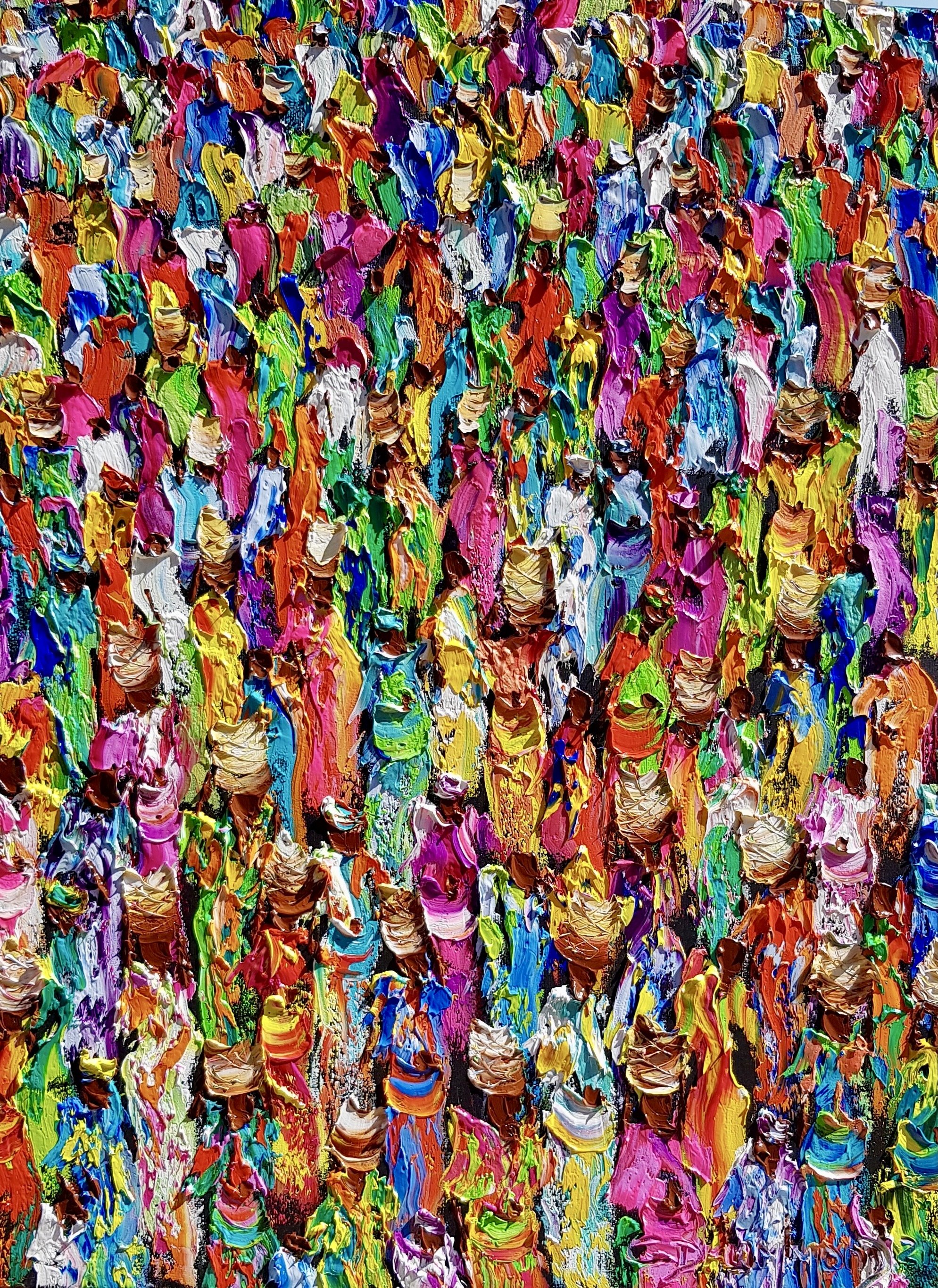 Colorful tropical market scene with dense crowd of figures and baskets, expressive palette knife painting by Christine Drummond