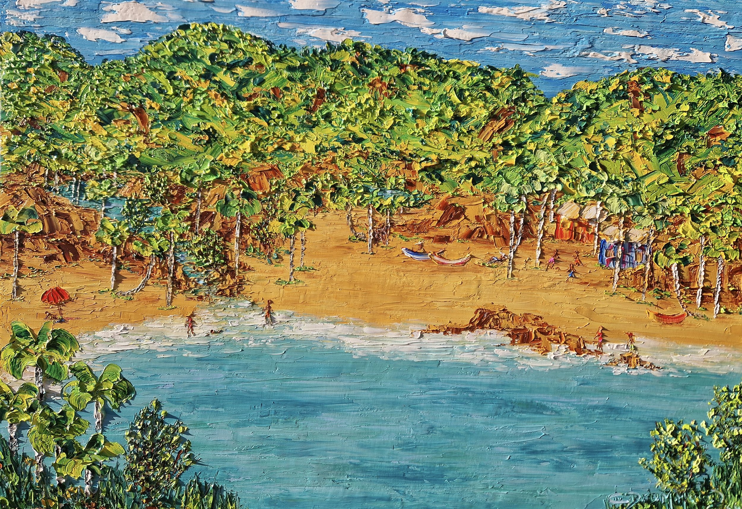 Contemporary palette knife painting of a hidden tropical beach cove inspired by Ilha Grande, Brazil, with lush vegetation, turquoise water and vibrant colours, oil on canvas by Franco-Brazilian painter Christine Drummond.