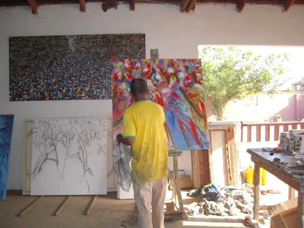 Prof. Ablade Glover painting in his studio in Accra, Ghana, in 2009