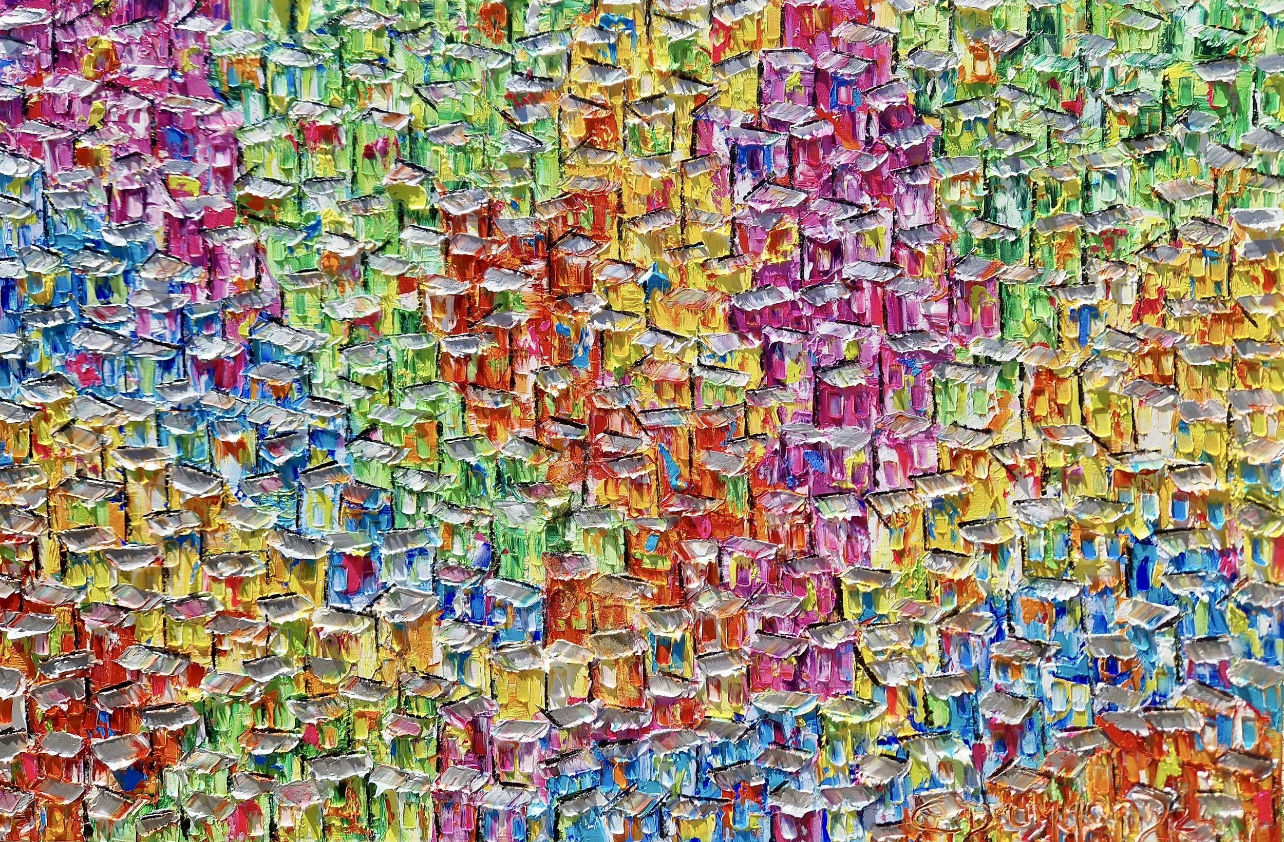 Flow of Joy colourful favela palette knife painting by Christine Drummond