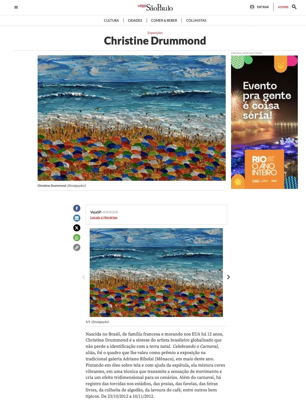 Veja São Paulo article featuring Christine Drummond and her vibrant palette knife paintings inspired by Brazilian culture.