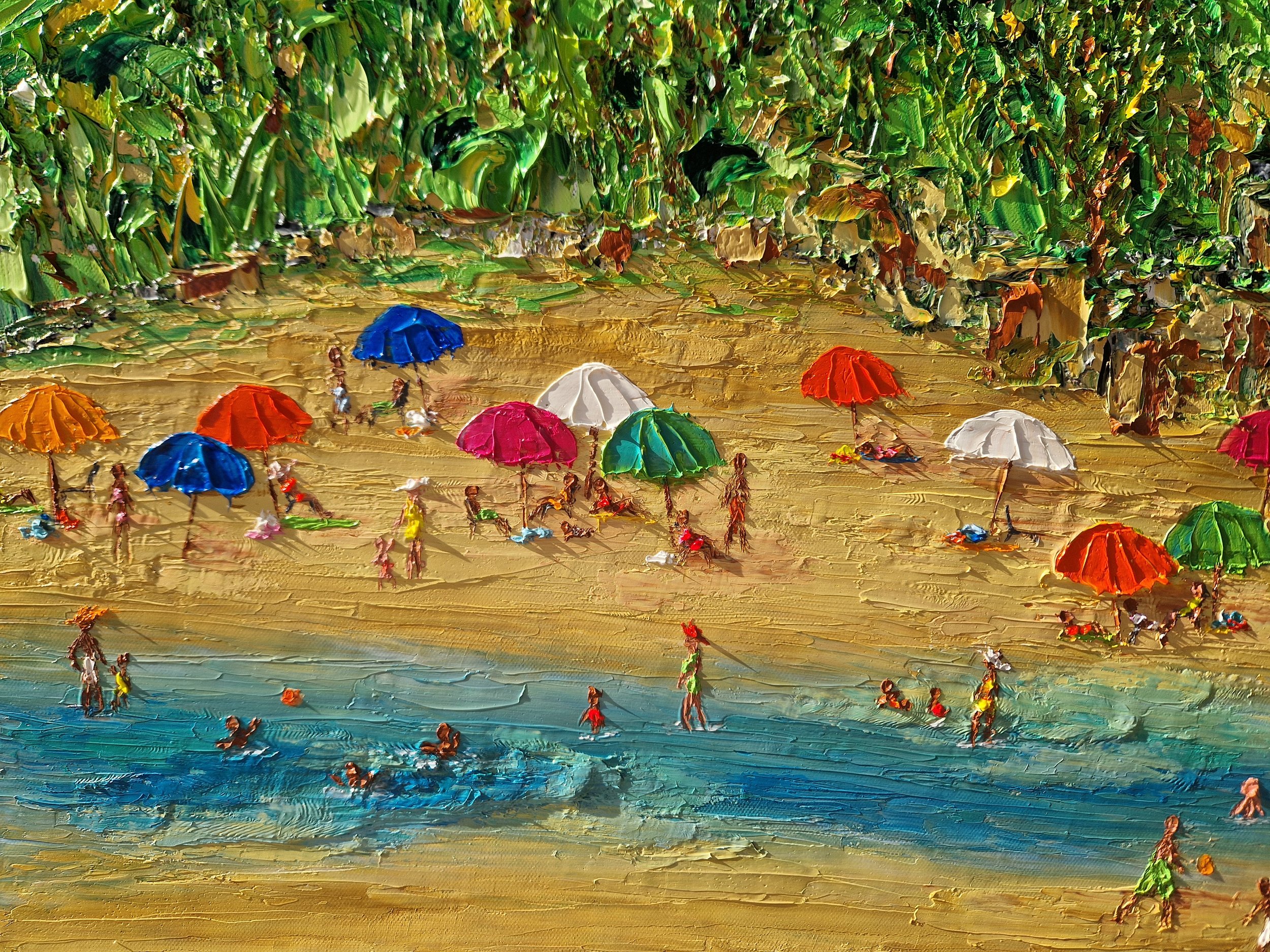 Detail of Partiu Grumari! by Christine Drummond, showing colorful beach umbrellas, swimmers and the natural pool surrounded by lush vegetation at Grumari Beach, Rio de Janeiro.