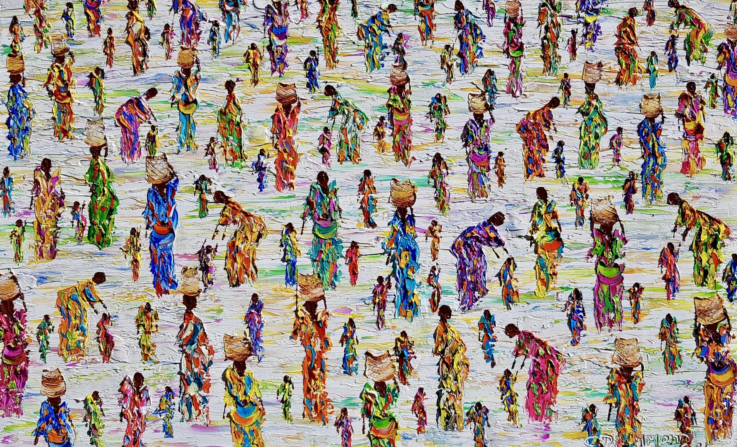Light and airy palette knife painting of women in motion on a bright background, expressing graceful movement, colour and feminine energy.