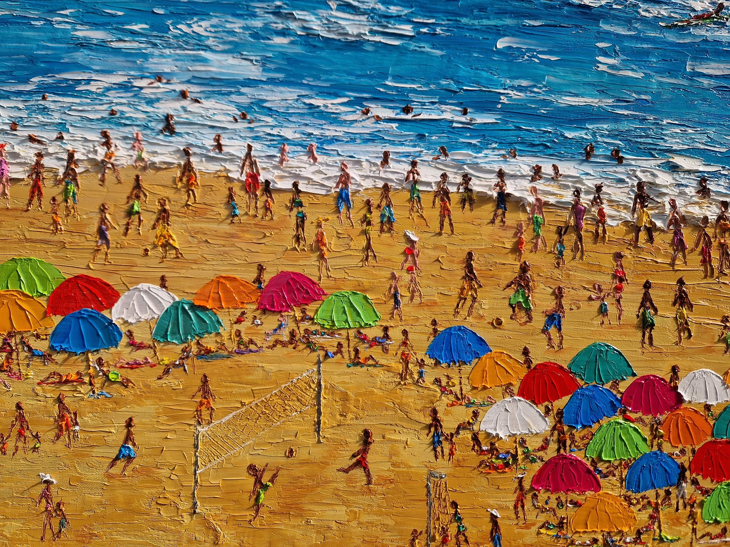 Detail of Energia Carioca by Christine Drummond featuring volleyball, beachgoers, colourful umbrellas and expressive palette knife textures on a vibrant Rio beach.