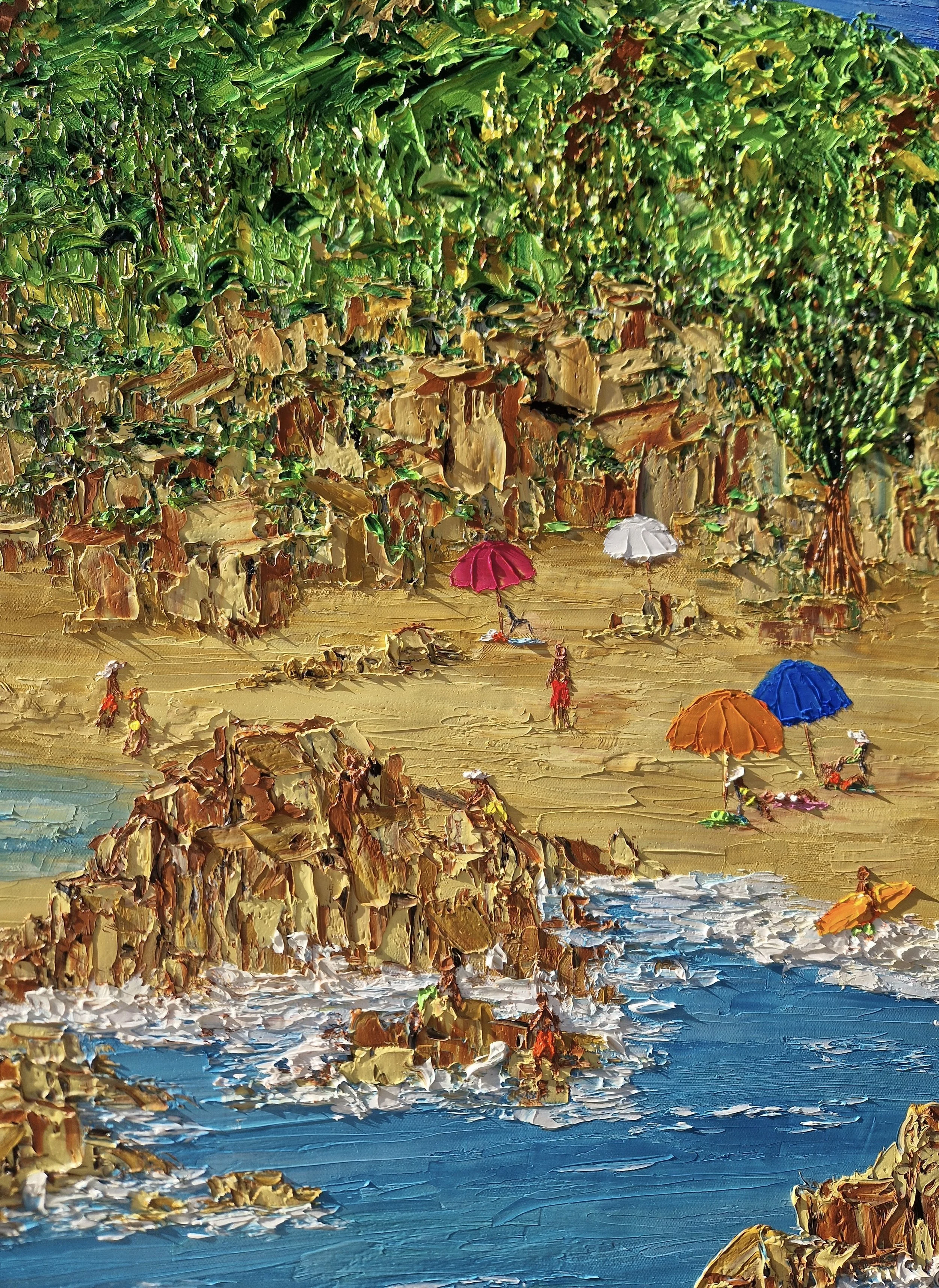Detail of Partiu Grumari! by Christine Drummond, showing textured rocks, breaking waves, a surfer and colorful beach umbrellas painted with a palette knife.