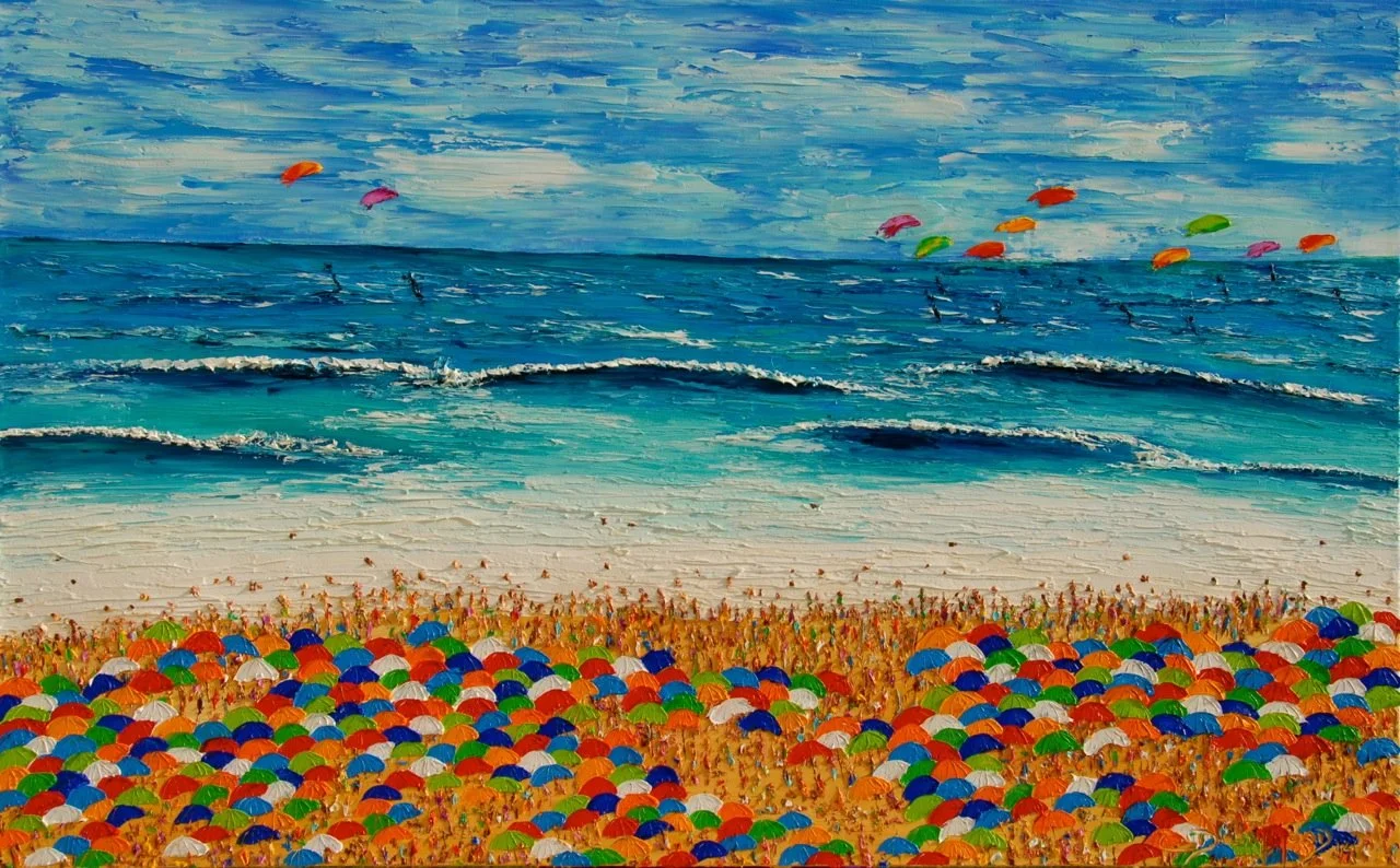 Domingo na Praia do Pepe, colorful Rio de Janeiro beach painting by Franco-Brazilian artist Christine Drummond, auctioned at the Ayrton Senna Monaco gala in 2014.