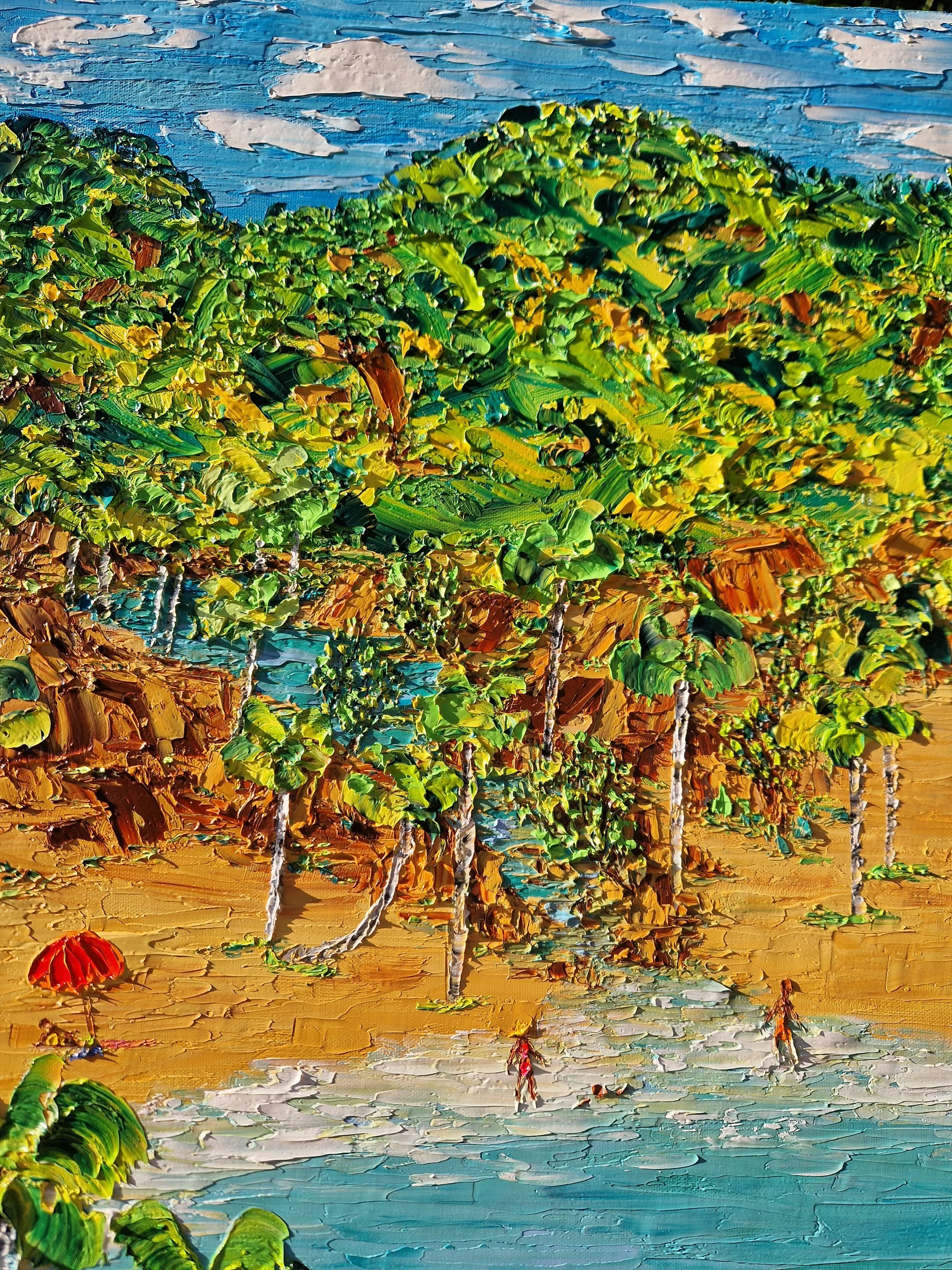 Paraíso Secreto – detail of tropical river flowing into the sea, palm trees and beach figures, palette knife texture