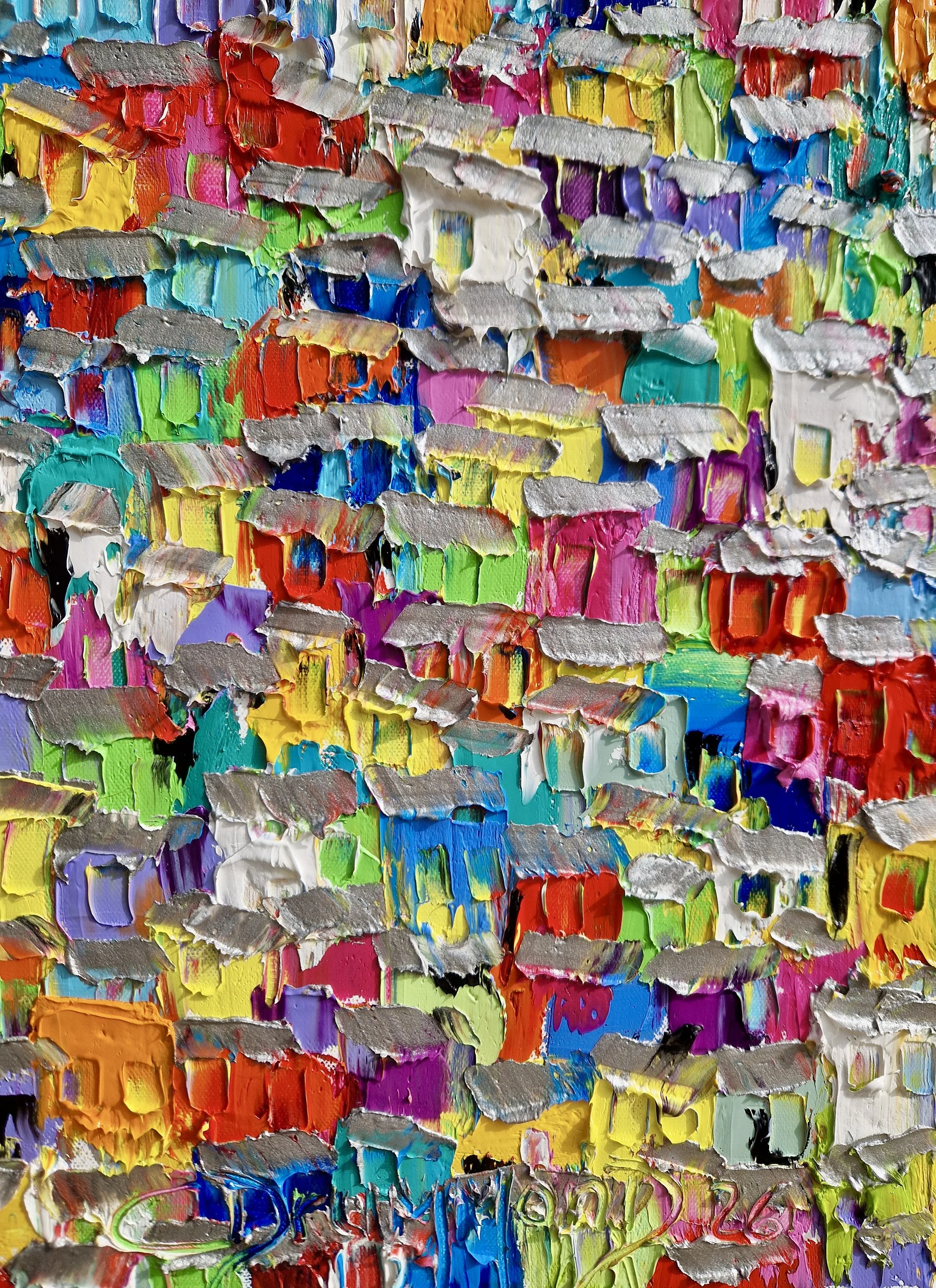Textured detail from "Cores e Vidas" painting, expressive palette knife strokes and joyful colour composition
