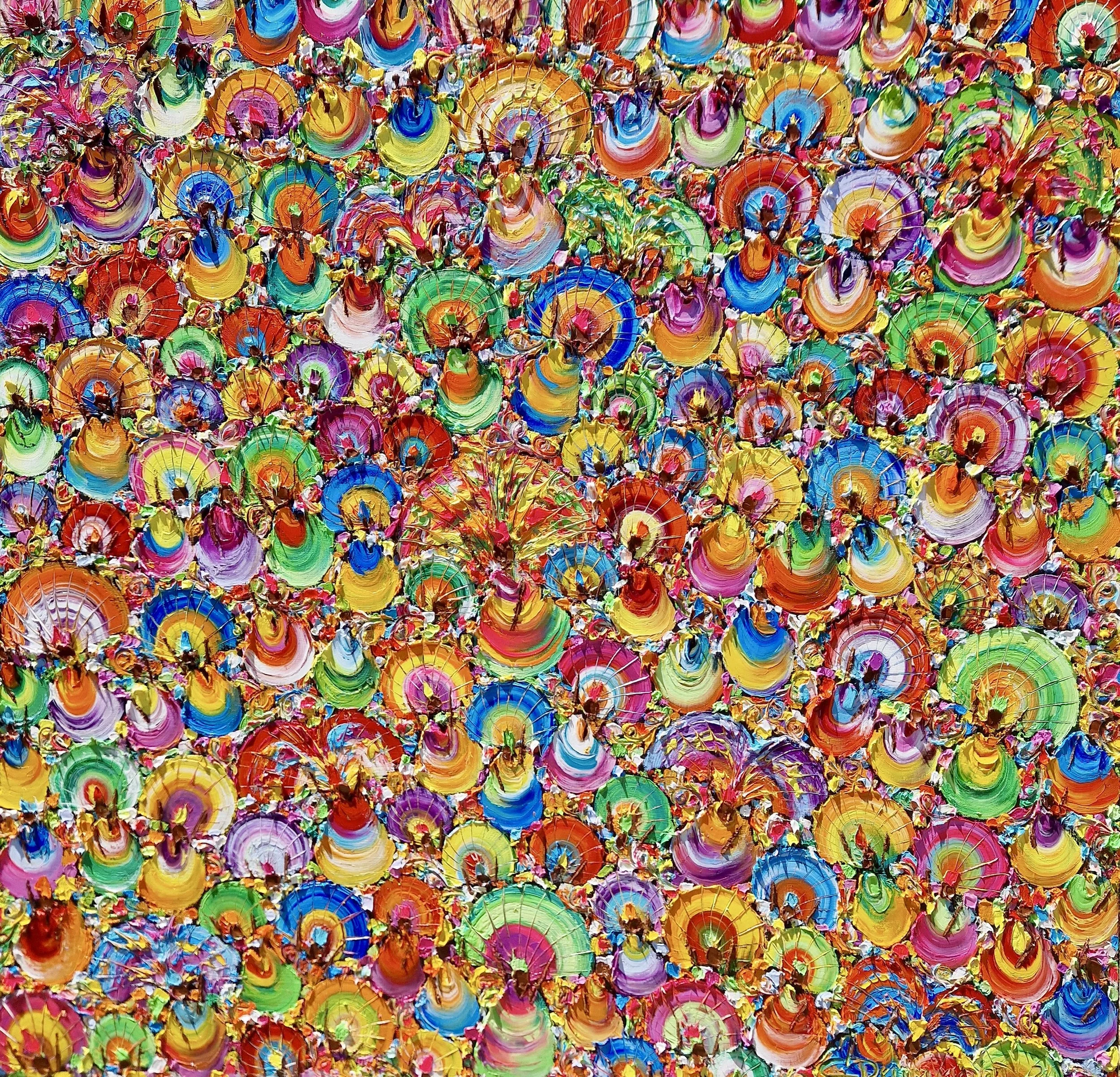 Colorful Brazilian carnival dancers in motion, original oil painting No Ritmo da Alegria expressing joy, rhythm and vibrant energy by Christine Drummond