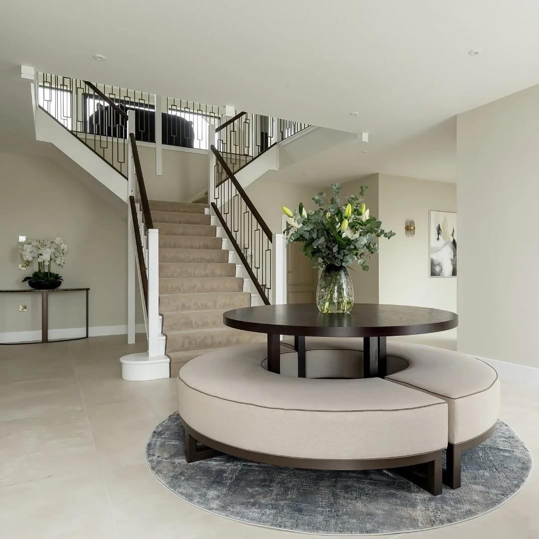 Earlier this year, we completed this stunning entrance hallway that perfectly balances sophistication and style. This bespoke seating area, created in collaboration with @charlotte_james_furniture is the highlight of the space&mdash;making a lasting 