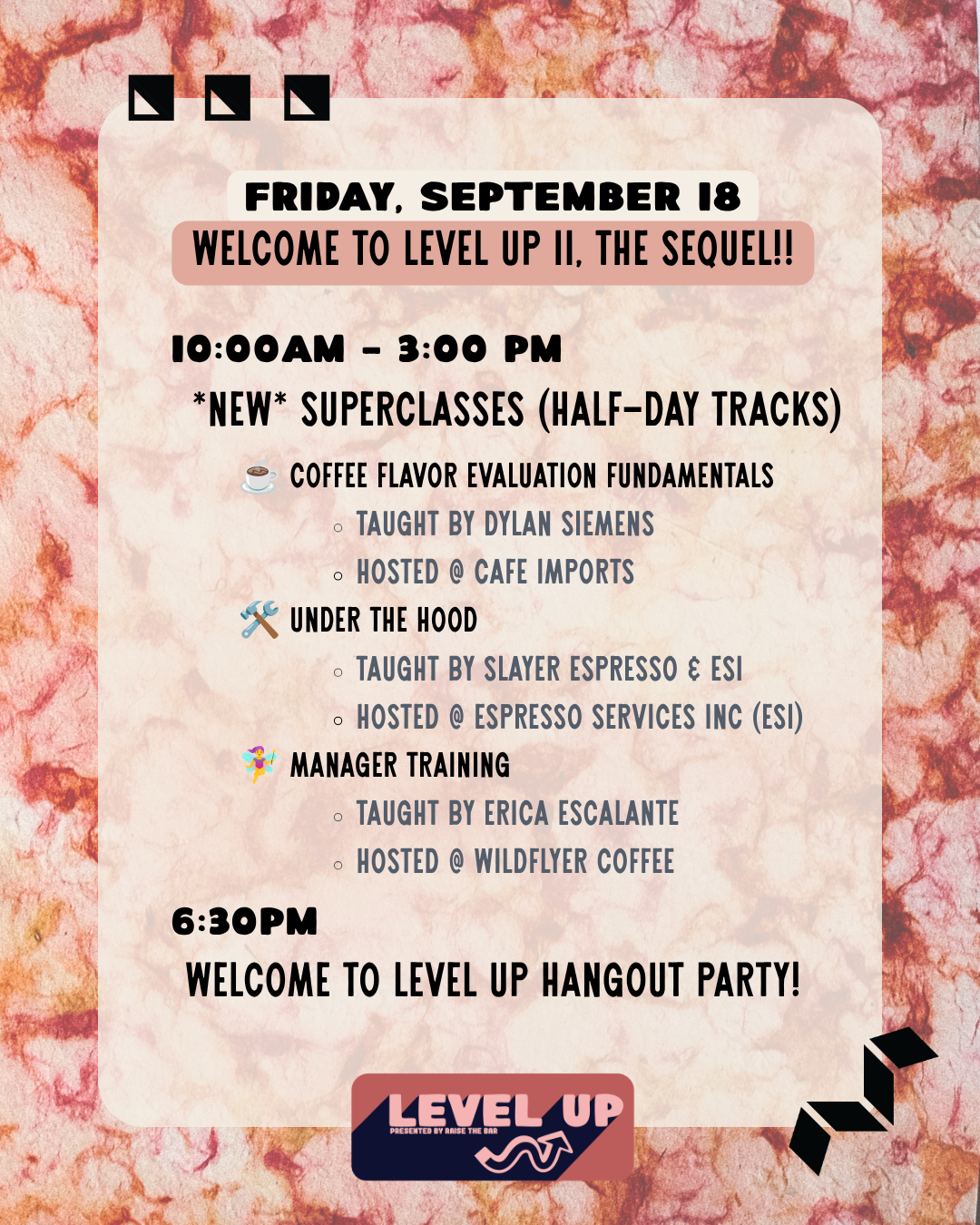 Friday September 18 Day 0 agenda for Level Up